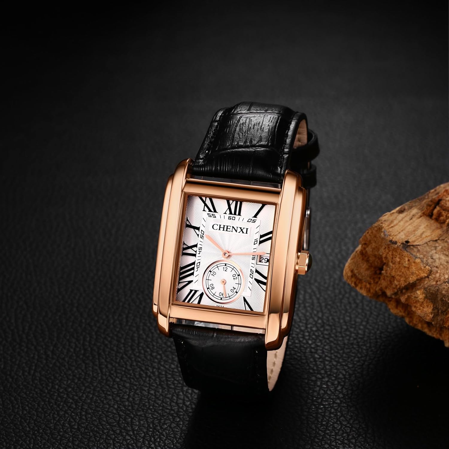 Lancardo Retro Men Square Watch: Quartz Calendar Leather Starp Independent Second Dial Dress Wrist Watch for Men Black Brown - Image 2