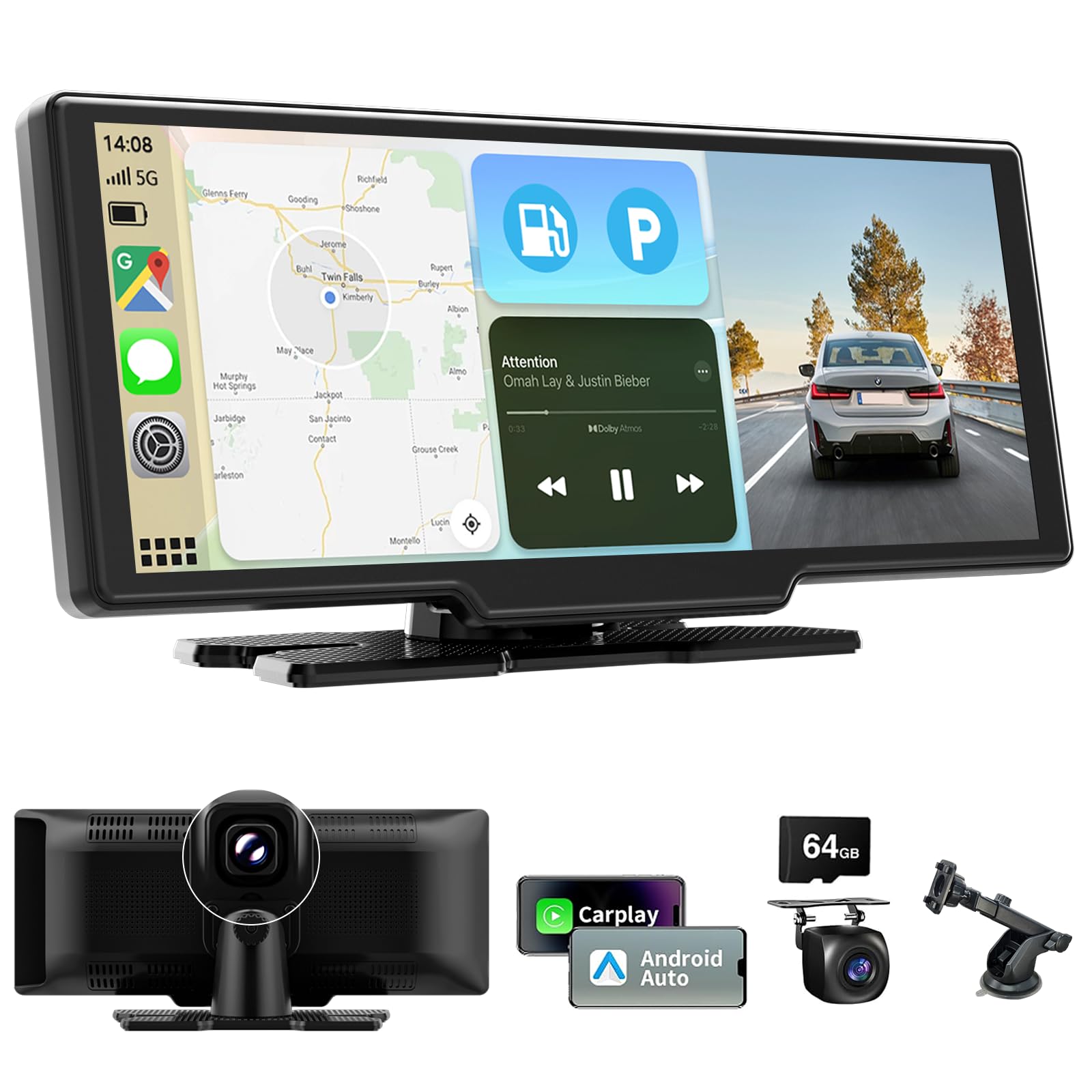 10.26 Inch Wireless Apple Carplay Screen for Car, Apple Car Play and Android Auto Screen with 4K Dash Cam Front and Rear Camera HD 1080P/FM/AUX/64G TF/Mirror Link/Voice Control/GPS Navigation