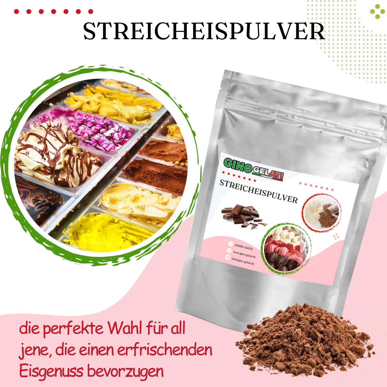 Gino Gelati Steicheis Pulver mit verschiedenen Schokoladen Geschmäckern, Made in Germany, schnelle und einfache Zubereitung, Schokoladen Eismix für Zuhause (100 Kg, Tiramisu)