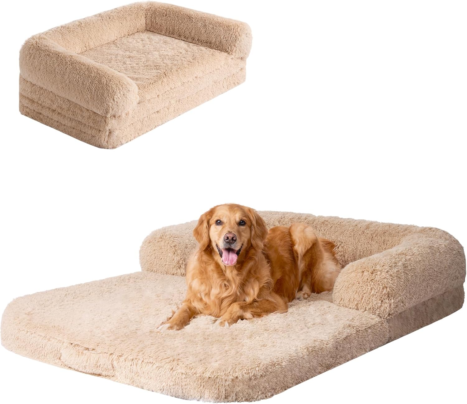 EHEYCIGA Foldable XXL Dog Bed, Faux Fur Fluffy Pet Couch Bed for Extra Large Dogs, Orthopedic Calming Memory Foam Big Pet Bed, Washable Soft Pet Sofa Bed with Non-Slip Bottom, Camel, 54"x38"x7.5"