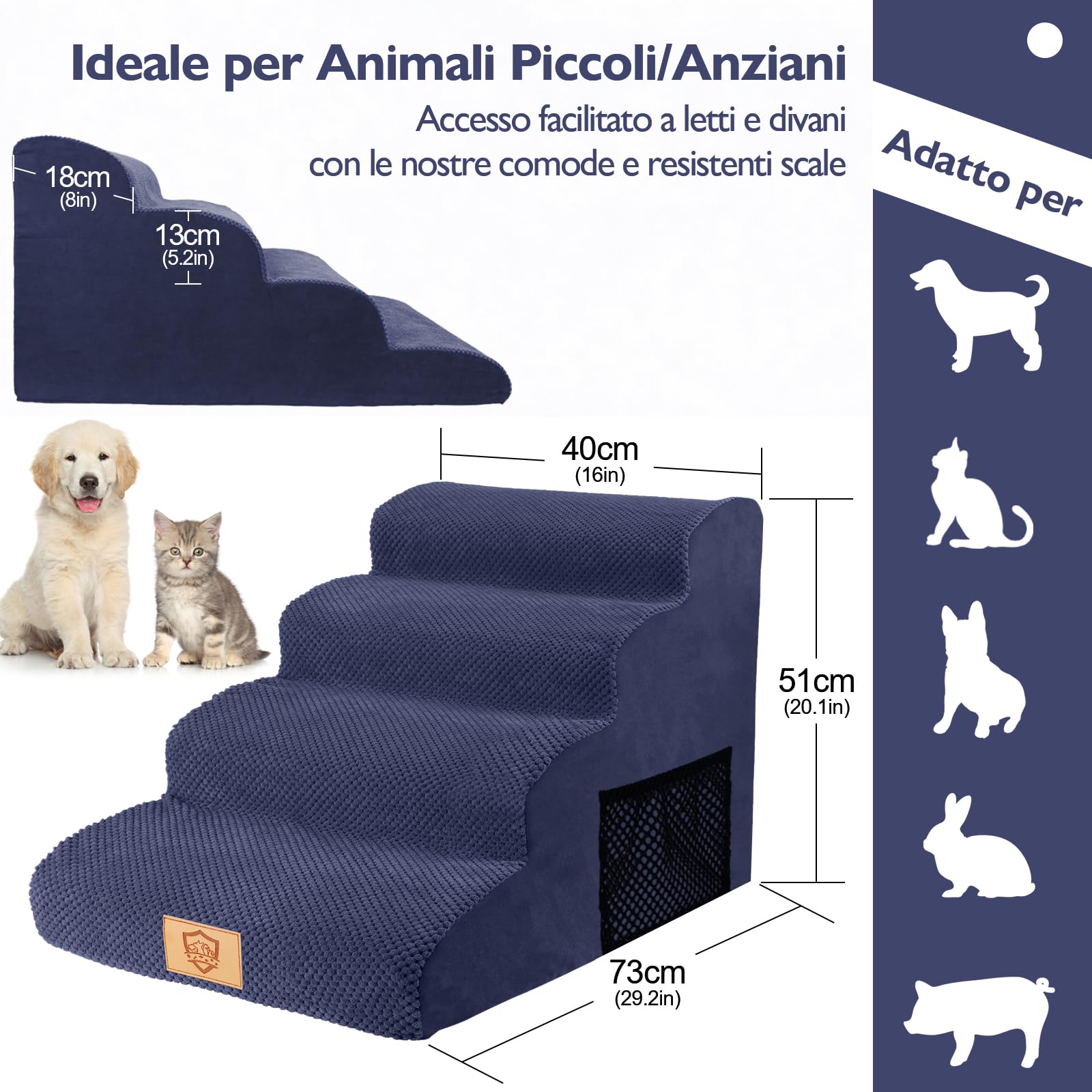 MASTERTOP Scale per Cani 4 Gradini Alte, Scala Schiuma Antiscivolo per Animali Domestici, Scalini Alta per Letto Rialzato e Divano con Copertura Rimovibile e Lavabile (Blu Navy)