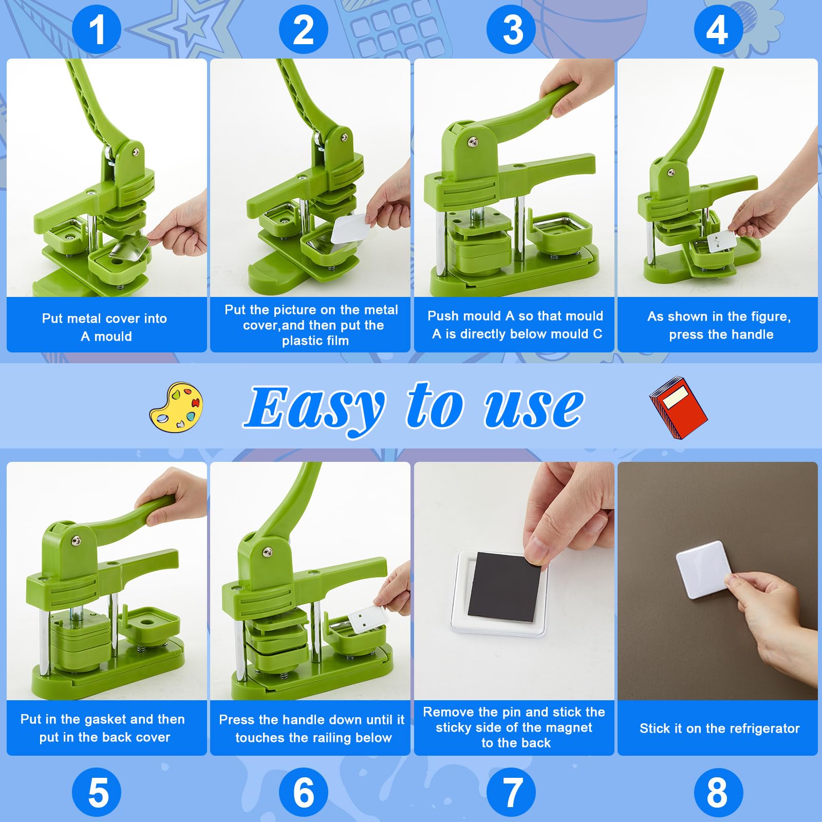 Teenyyou 100 Sets, 50 mm, quadratische Knopfteile, DIY-Kühlschrankmagnete, Bastelset mit Magnet, Metallabdeckung, Kunststoff-Rückseite, Nadeln, transparenter Folie, blanko Papier
