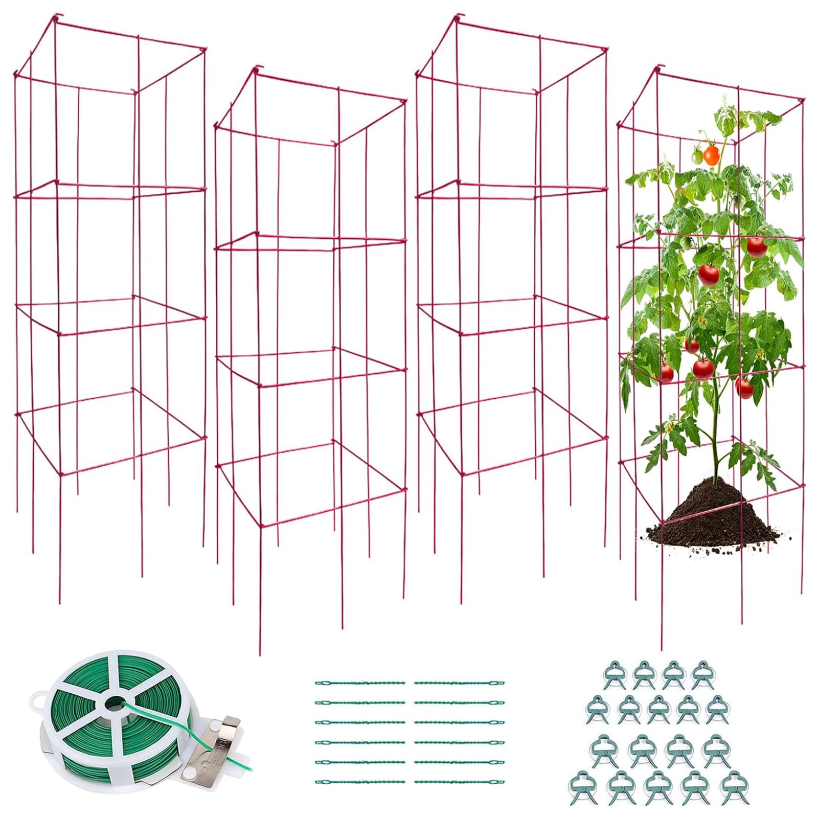 Folding Tomato Cage, 4 Packs Heavy Duty Square Tomato Cages PVC-Coated Steel Garden Plant Support Stake Tower with Twist Ties, Plastic Ties, Clamps for Climbing Vegetables, Plants, Flowers, Fruits