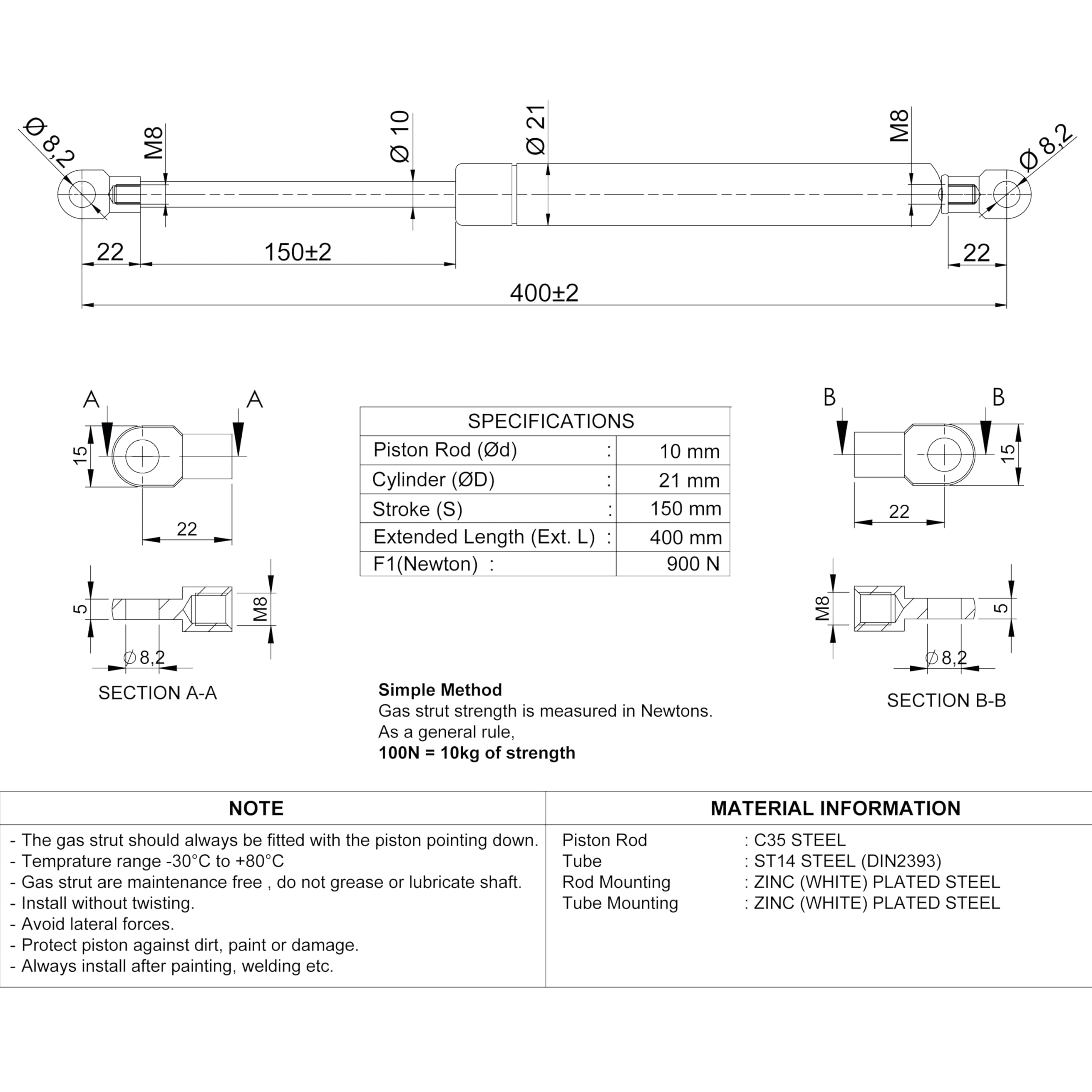 Universal Gas Struts Spring Eyelet | 100-1000 Newton | Length Options 200 mm to 900 mm | Heavy-Duty | Lift Support System (800MM, 300 N) — view 40