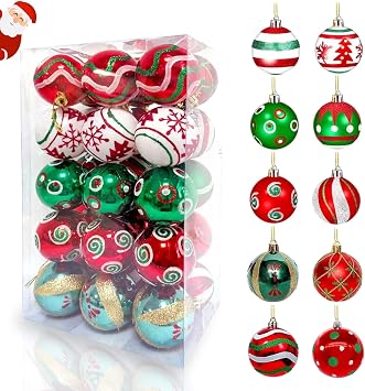 VHUWE 30Pcs 2.36Inch Christmas Ball Ornaments Set, Shatterproof Plastic Xmas Decorative Hanging Ornaments for Christmas Tree Wreath Holiday Home Party Decorations with Hanging Strings, Red Green White