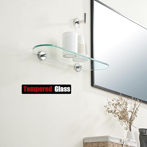 Miniatura 6 de JQK Estante de cristal para baño cromado, almacenamiento de ducha de vidrio templado de 20 x 5 pulgadas, montaje de pared cromado pulido de acero
