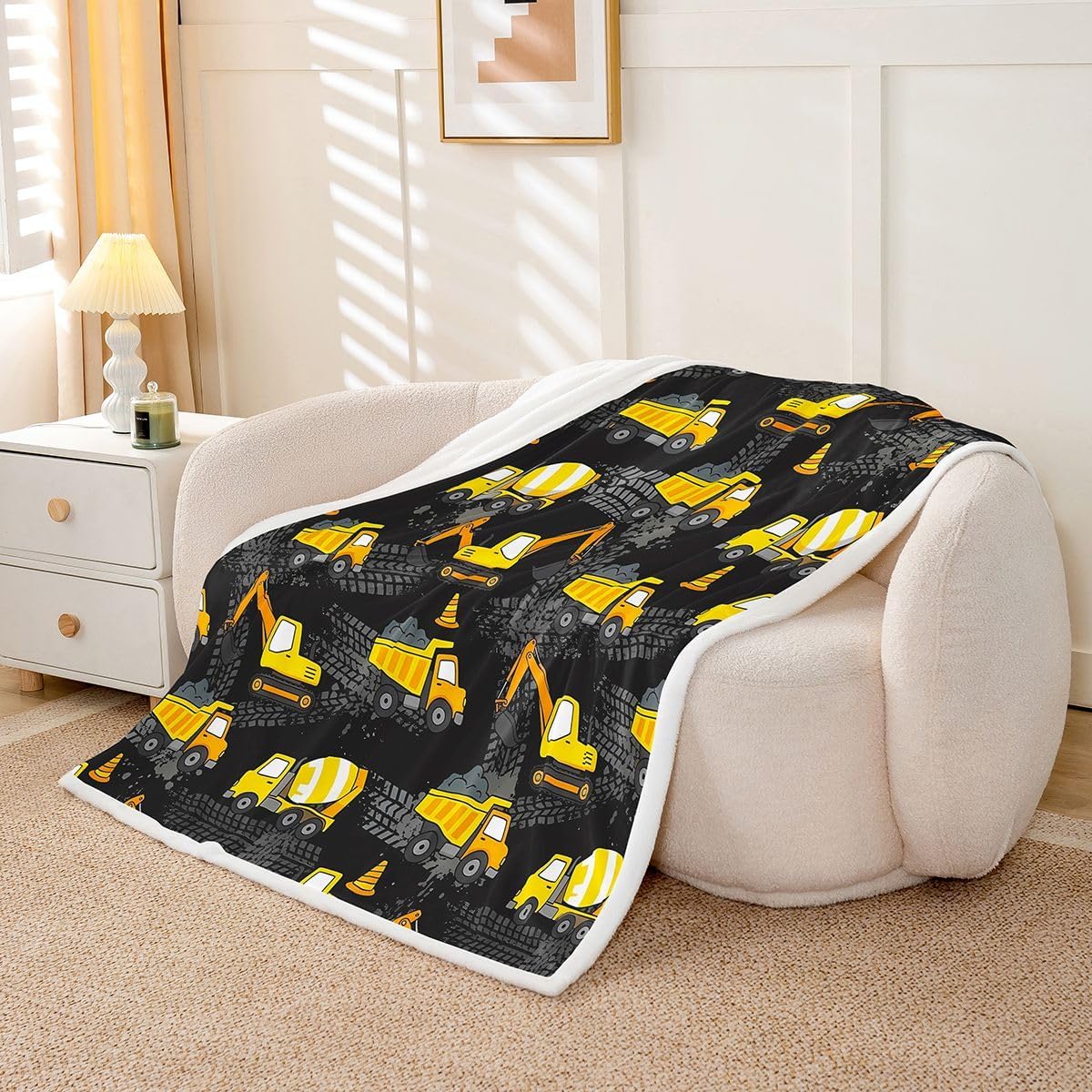 Castle Fairy Construction Truck Flannel Blanket Tire Track Kids Girls Boys Adult Sherpa Blankets Black Background Living Room Decor Lightweight Fleece Blanket Plush Blankets 40"x50" Yellow Black