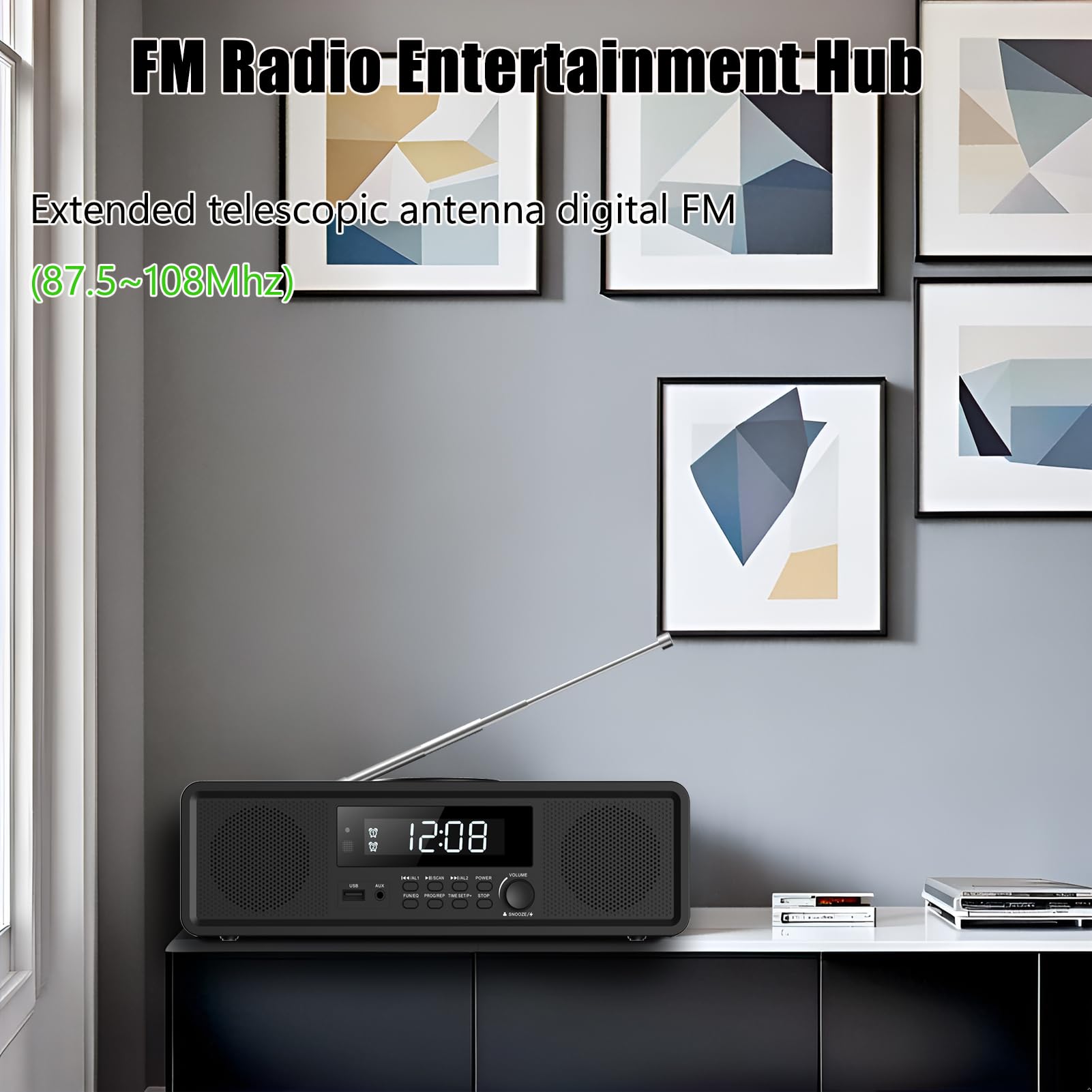 Sistema estéreo compacto para el hogar, reproductor de CD con Bluetooth, radio FM, entrada auxiliar, reproducción USB, reloj digital, doble alarma, reproductor de CD para el hogar