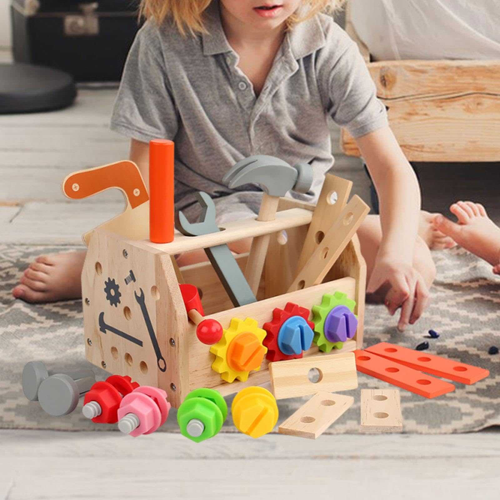 Gralara Kit di Attrezzi in Legno con Scatola, Giocattolo di Costruzione in Legno, Gioco di Ruolo educativo per la Prima Infanzia, Modello di Costruzione per