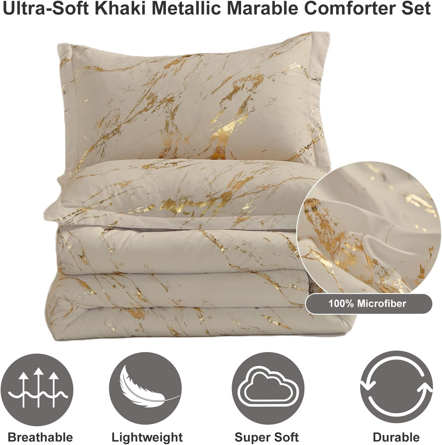 WONGS BEDDING Khaki Gold Metallic Marble Comforter Set King Foil Print Glitter Bedding Sets with 2 Pillowcases for All Seasons, Soft Microfiber Bedding Set 103"x90" - Image 7
