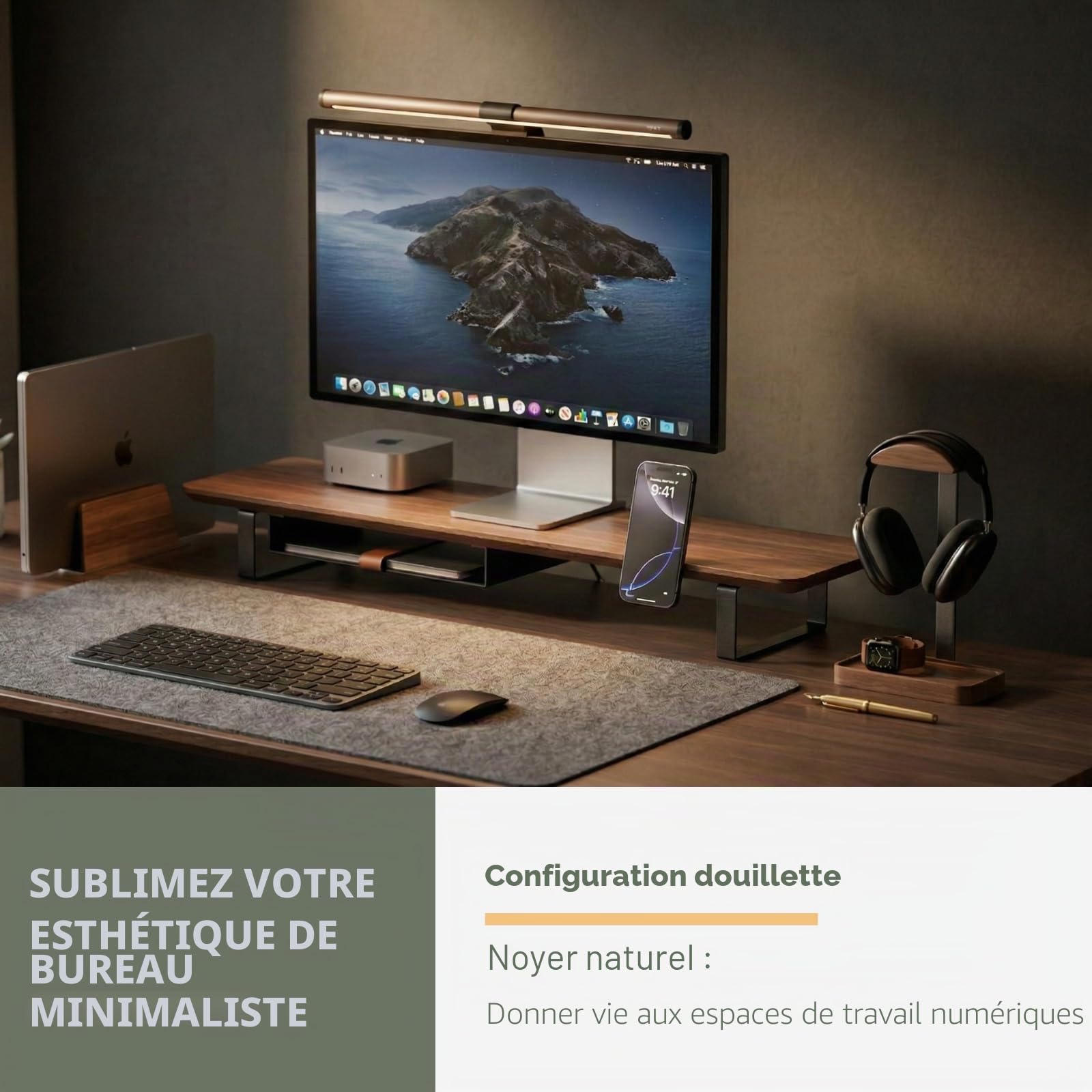muso wood Support pour casque en noyer, support pour casque en bois avec base de rangement, support pour écouteurs pour le jeu, le bureau et la maison - Compatible avec AirPods Max, Bose, Razer (Noir)