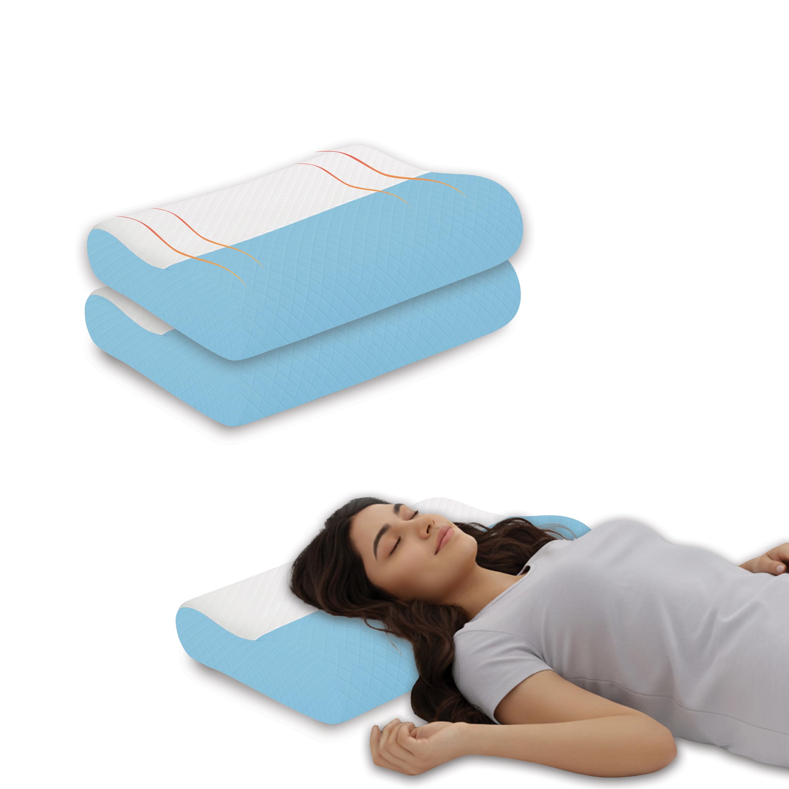 Memory Foam Pillows Set 2, Orthopedic Cervical Contour Breathable Design, Ergonomic Wave Cushion for Neck and Shoulder Support, Soft Washable Case, 6cm & 9cm Dual Height, Sky