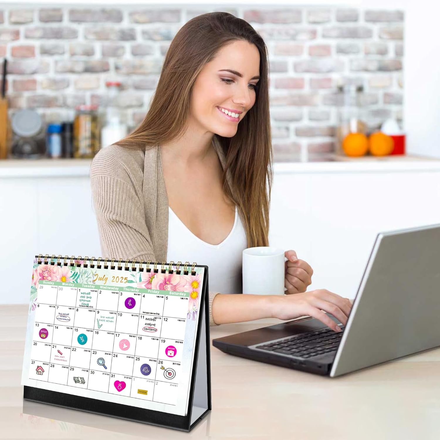 gannyfer 2026 desk calendar, small standing flip desk calendar, use now to dec 2026, 18-month simplicity desktop calendar for home, school, office, 6" x 8", floral (3 stickers included) blue 6" x 8"