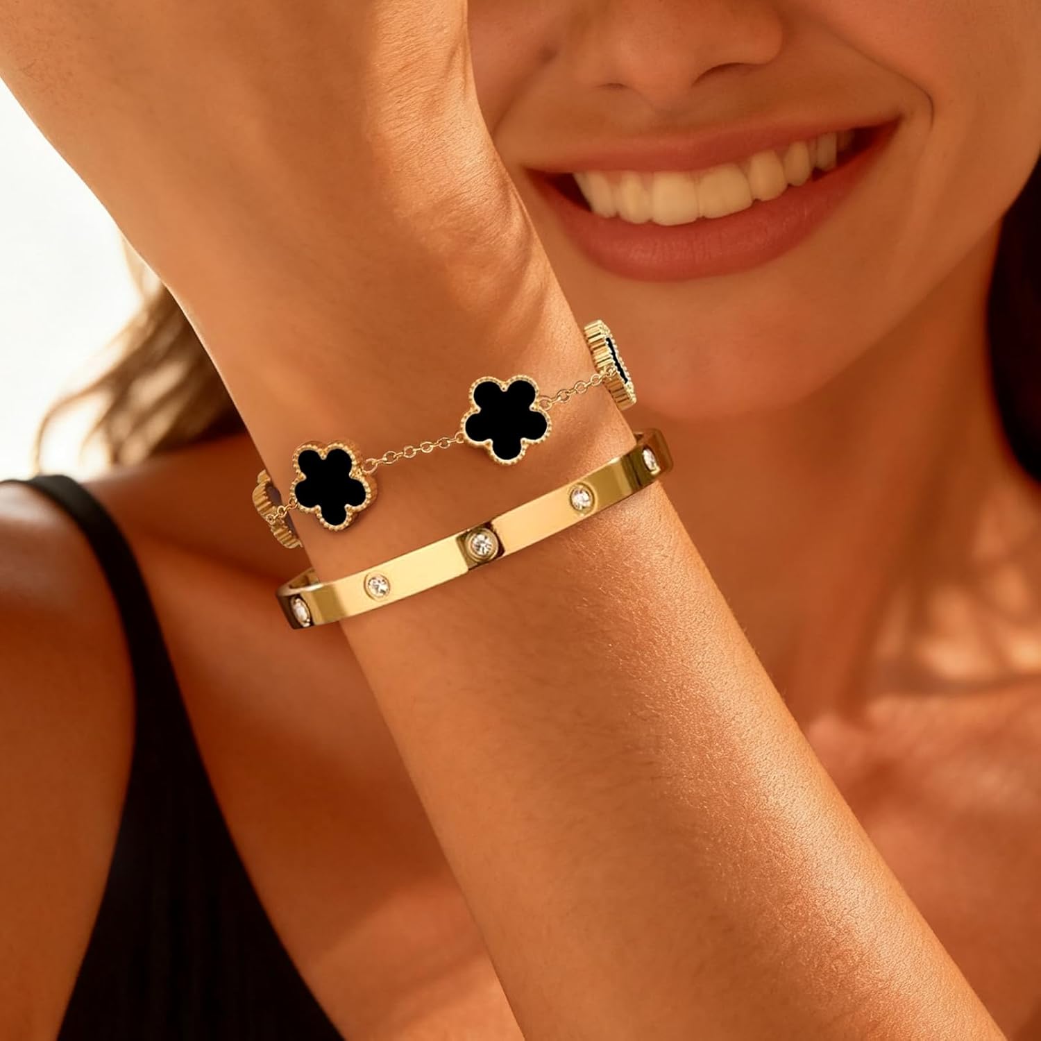 2Pcs 18K Gold Plated Clover Bracelet Set for Women Love Bangle Bracelet Adjustable Charm Stack Lucky Bracelets Cute Gold Bracelets Link Trendy Jewelry Gift for Birthday Christmas Valentine's Day - Image 4