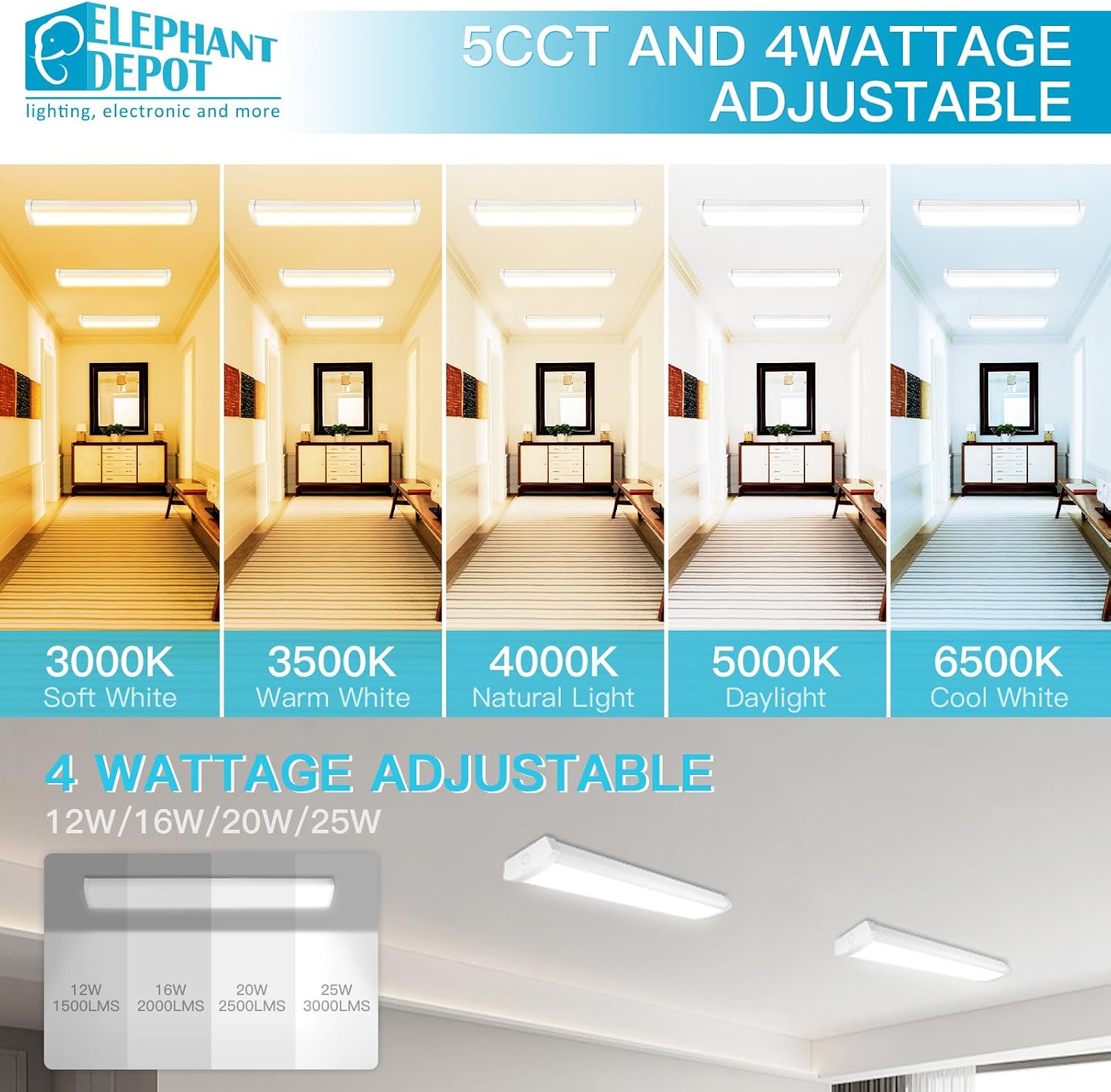 2FT LED Wraparound Light, 24 inch Led Light Fixture, 12/16/20/25W, 3000LM, 3000/3500/4000/5000/6500K, 2FT Led Light Fixtures for Garage,Workshop,Closet,Shop,UL & DLC Listed