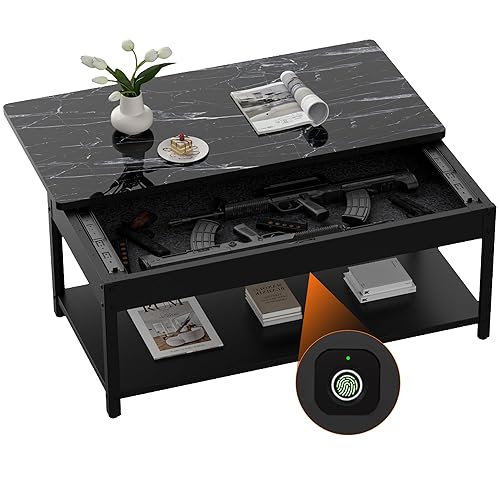 Gun Safe with Biometric Lock, Biometric Fingerprint Gun Safe for Rifles and Pistols, Hidden Gun Storage for Jewelry Money Rifles Pistols and Ammo, Use as Coffe Table (Black Marble Wood) - Black Marble Wood