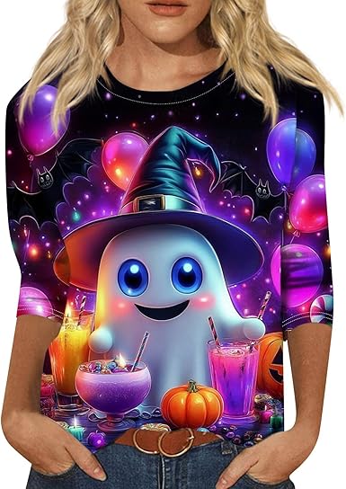 Halloween Shirts for Women 3/4 Sleeve Plus Size Crewneck Loose Fit Cute T Shirt Halloween Costumes for Women 2025