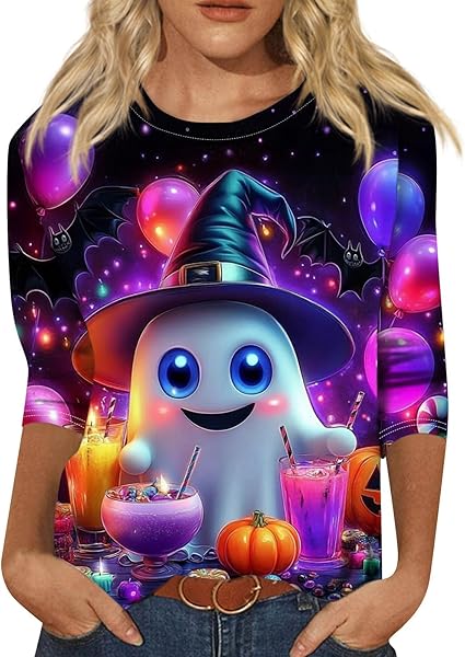 Halloween Shirts for Women 3/4 Sleeve Plus Size Crewneck Loose Fit Cute T Shirt Halloween Costumes for Women 2025
