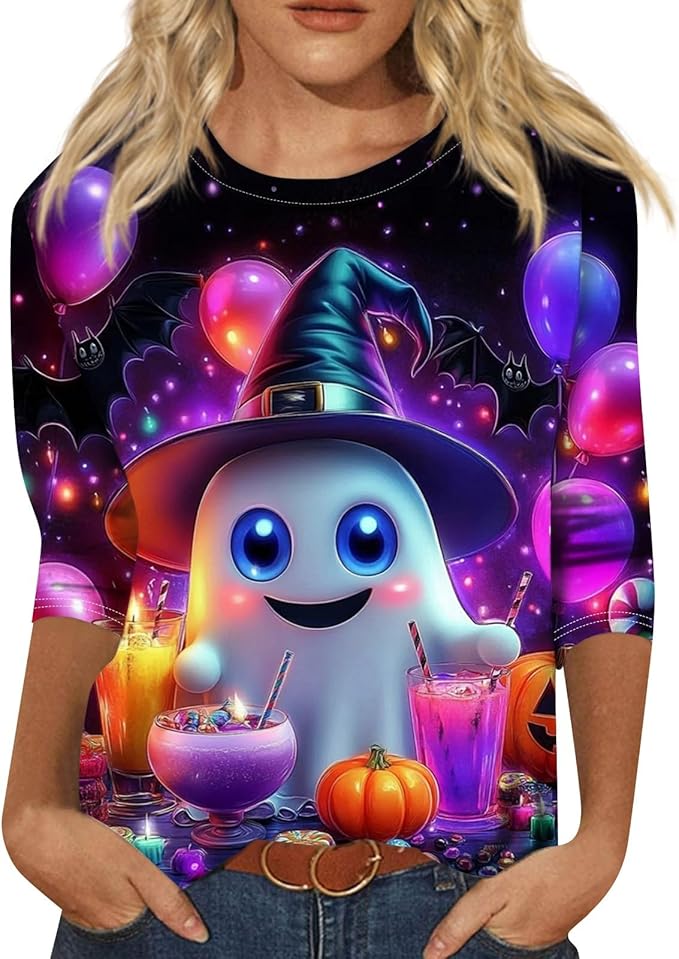 Halloween Shirts for Women 3/4 Sleeve Plus Size Crewneck Loose Fit Cute T Shirt Halloween Costumes for Women 2025