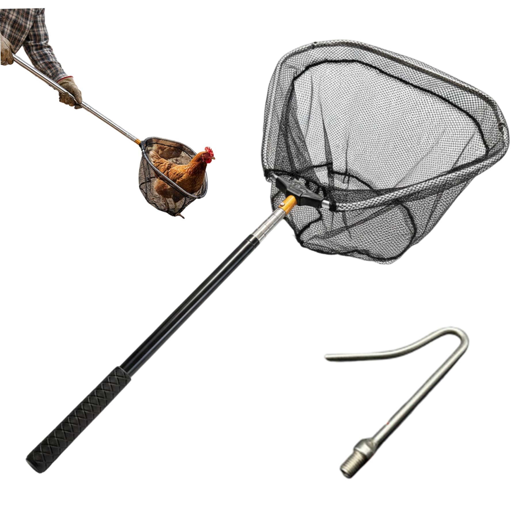 Red para atrapar pollos, red para atrapar pollos, receptor telescópico con extensión de tubo de acero inoxidable, gancho para aves de corral para pájaros, perros y animales pequeños