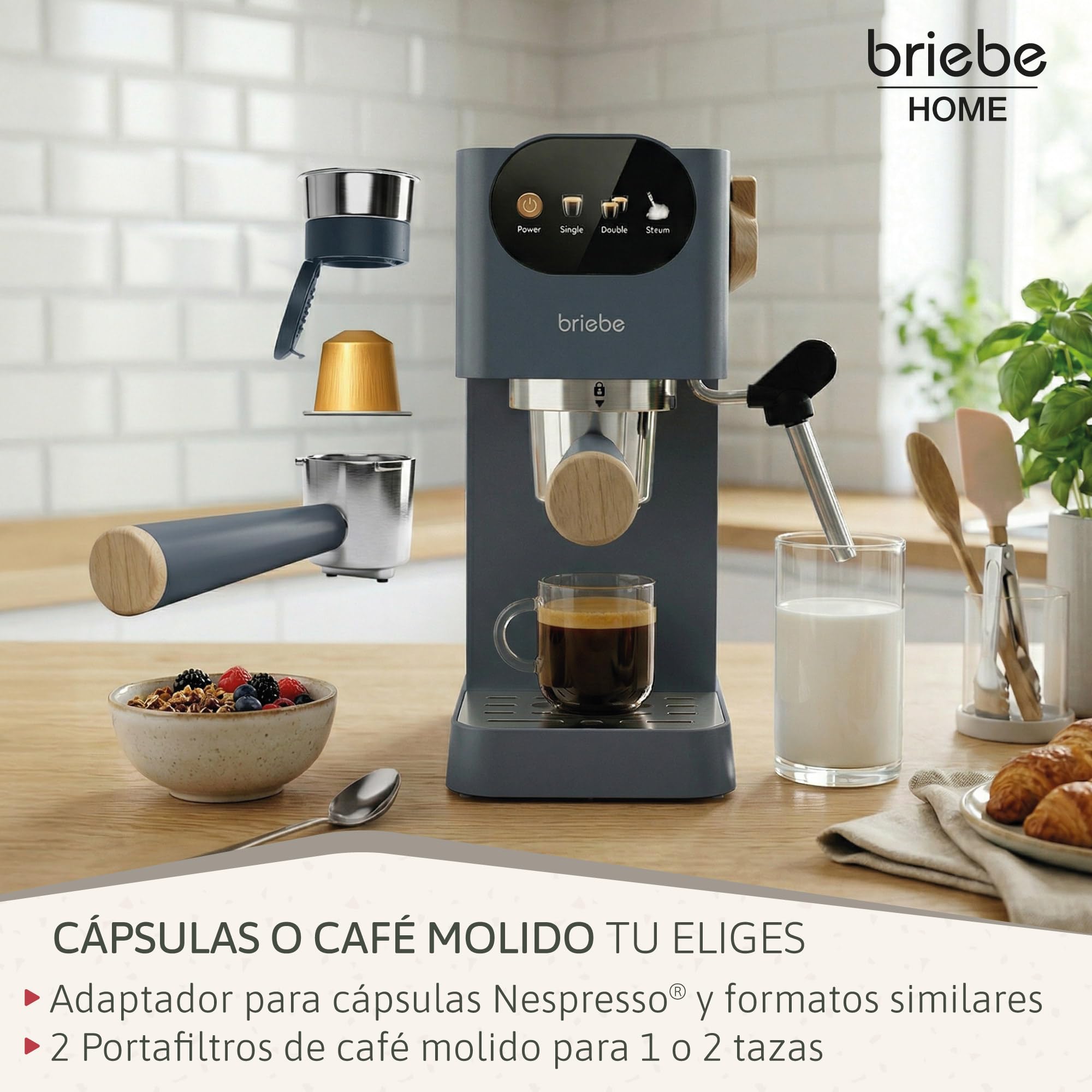 briebe Nordic Cafetera Espresso 20 Bares Compatible Cápsulas Nespresso y Café Molido, Máquina Café Semiautomática Profesional 1350W, Espumador Leche, Pantalla Táctil, 1,2L, Diseño Nórdico, Gris - 5