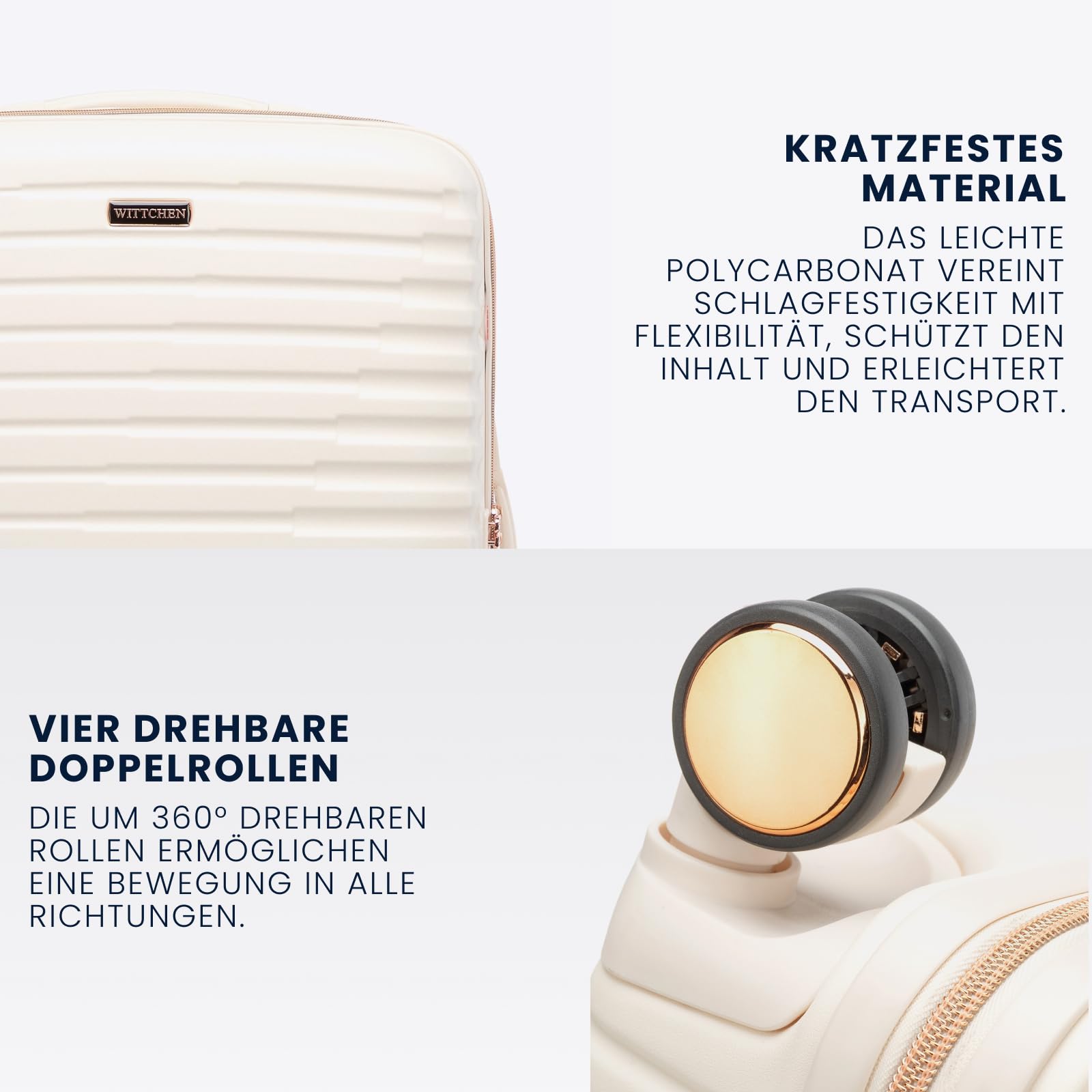 WITTCHEN Motion Line Mittelgroßer Koffer leichtes Reisegepäck Hartschale Polycarbonat TSA-Schloss Teleskopgriff 4 Doppelrollen 360° Größe L Creme-Gold