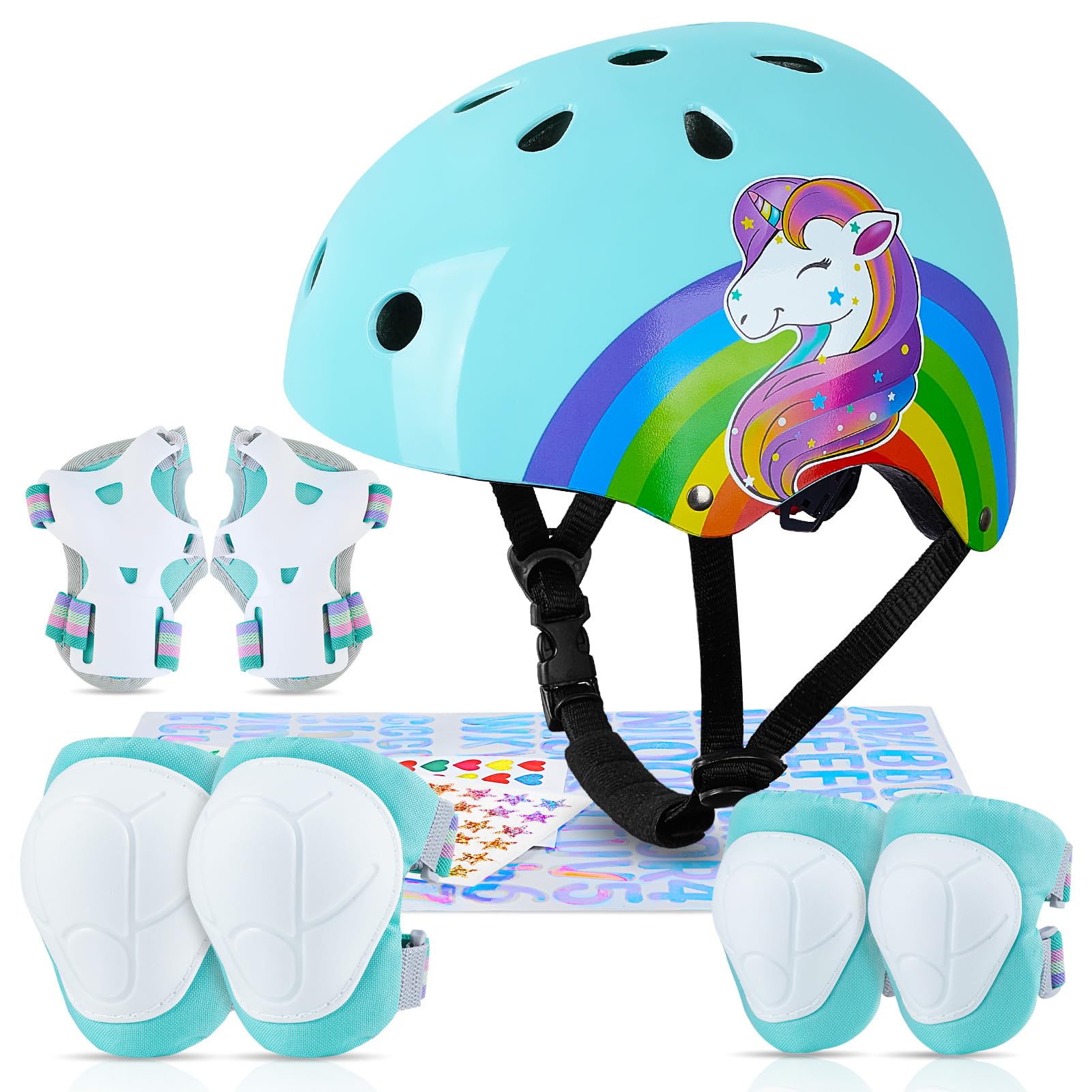 MHJY Kids Bike Helmet and Pads Set With DIY Stickers Girl Knee and Elbow Pads Unicorn Adjustable Safety Gear Set for Children Age 3-5-8 Years Bicycle, Skateboard, Scooter, Roller Skates