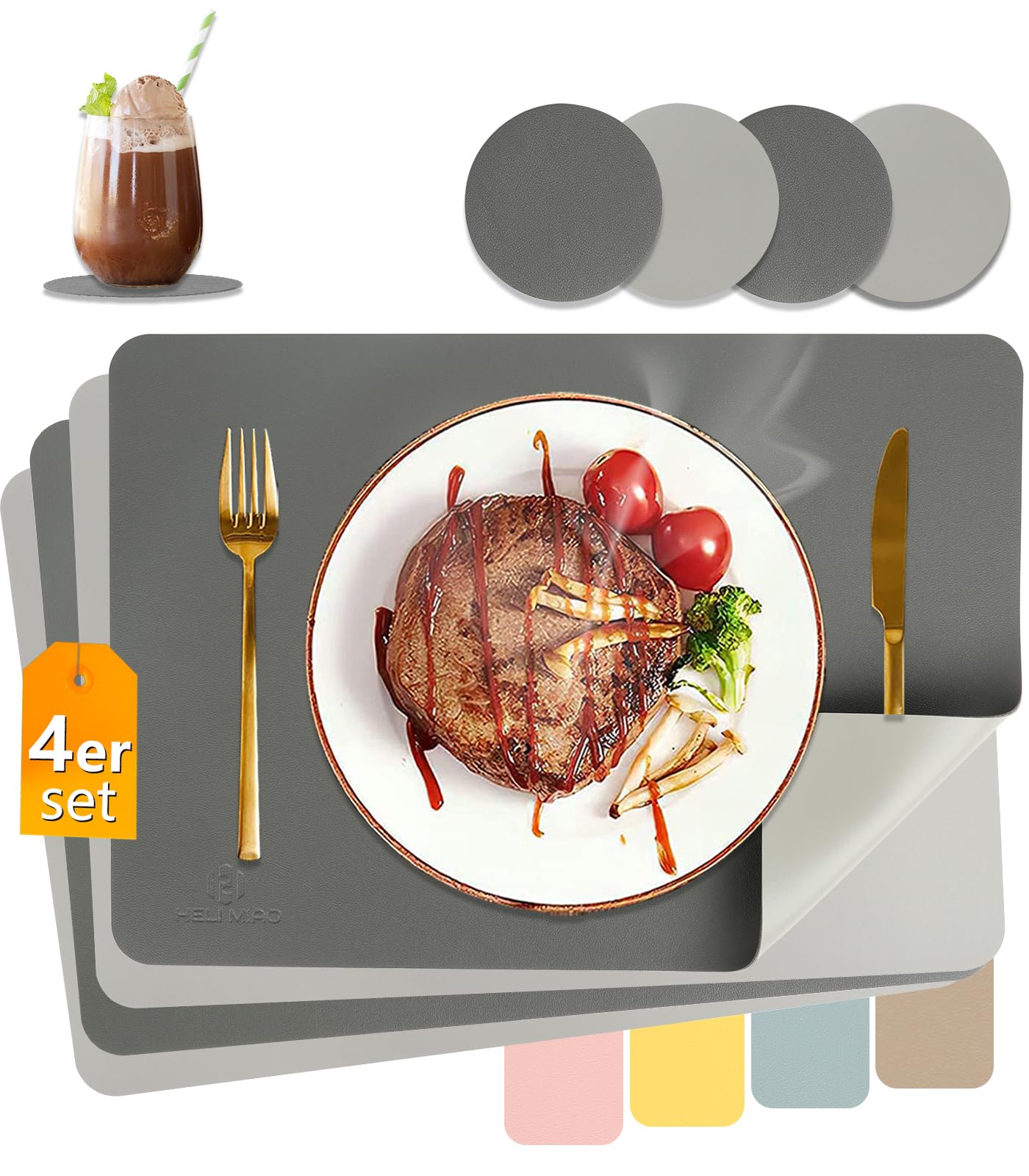HELI MIAO Tischsets Abwaschbar,Platzsets Abwischbar, Leder,Hitzebeständig Doppelseitigen I 6er Set Platzdeckchen Lederoptik mit Untersetzer,Tischuntersetzer rutschfest,Salbeigrün