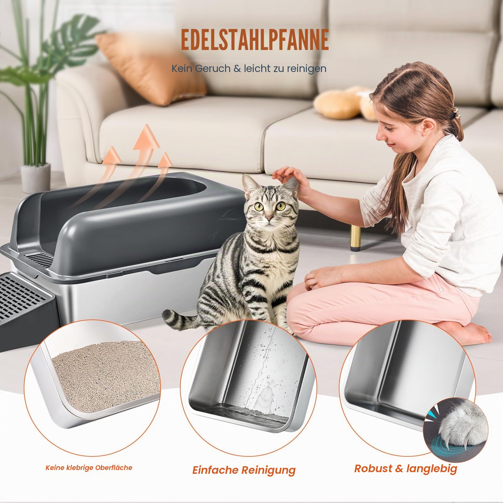 VEVOR Katzentoilette, 152,4 mm tief, XL extragroßes Katzenklo aus Edelstahl mit Schaufel, breitem Filter-Fußteil und hohen Rand, geruchsfreie Schalentoilette für Katzen, 60 x 40 x 30 cm, Dunkelgrau
