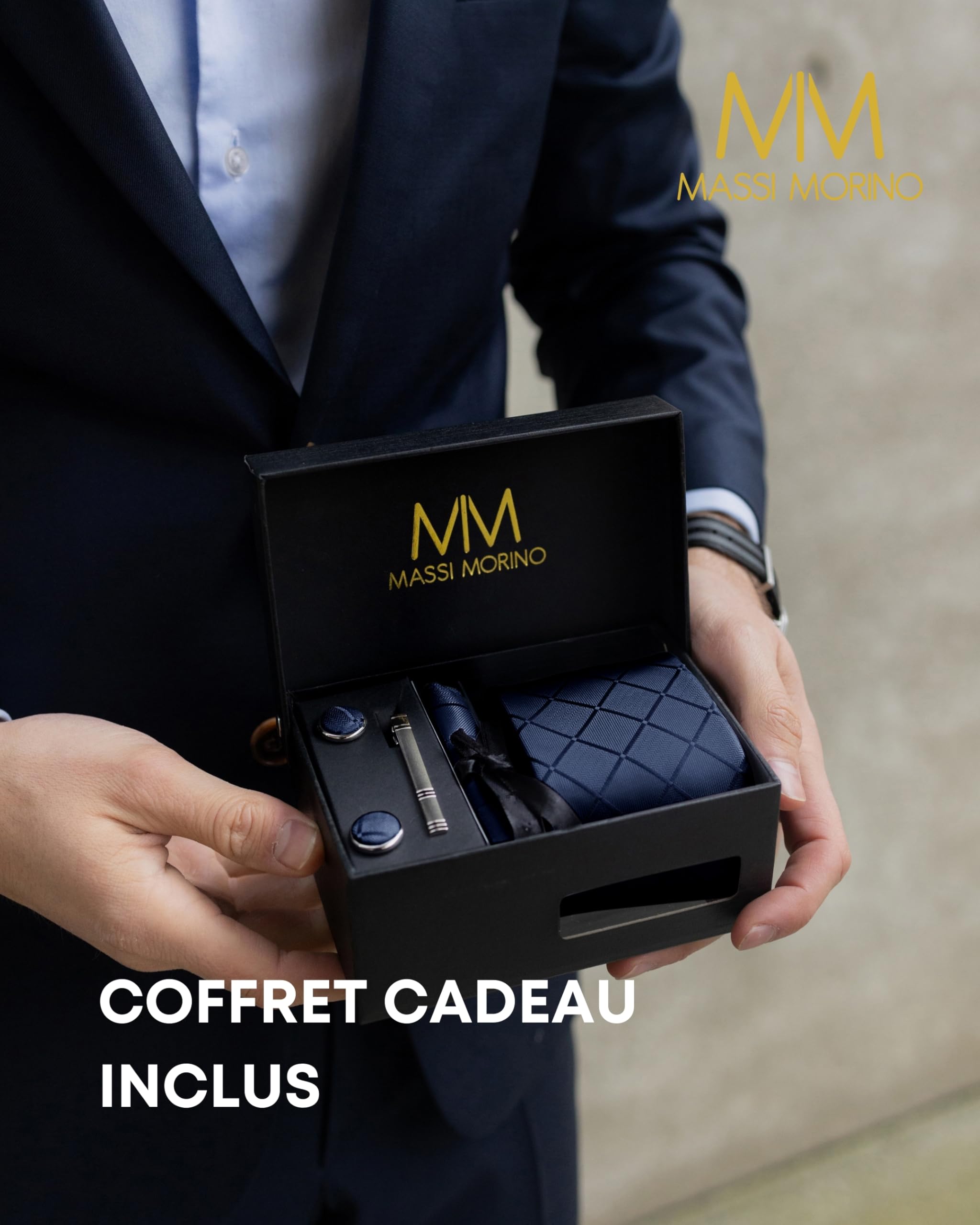 Massi Morino Cravate Homme - avec mouchoirs de poche, boutons de manchette et Pinces à cravates | Coffret cadeau | Accessoires de Fete de Mariage