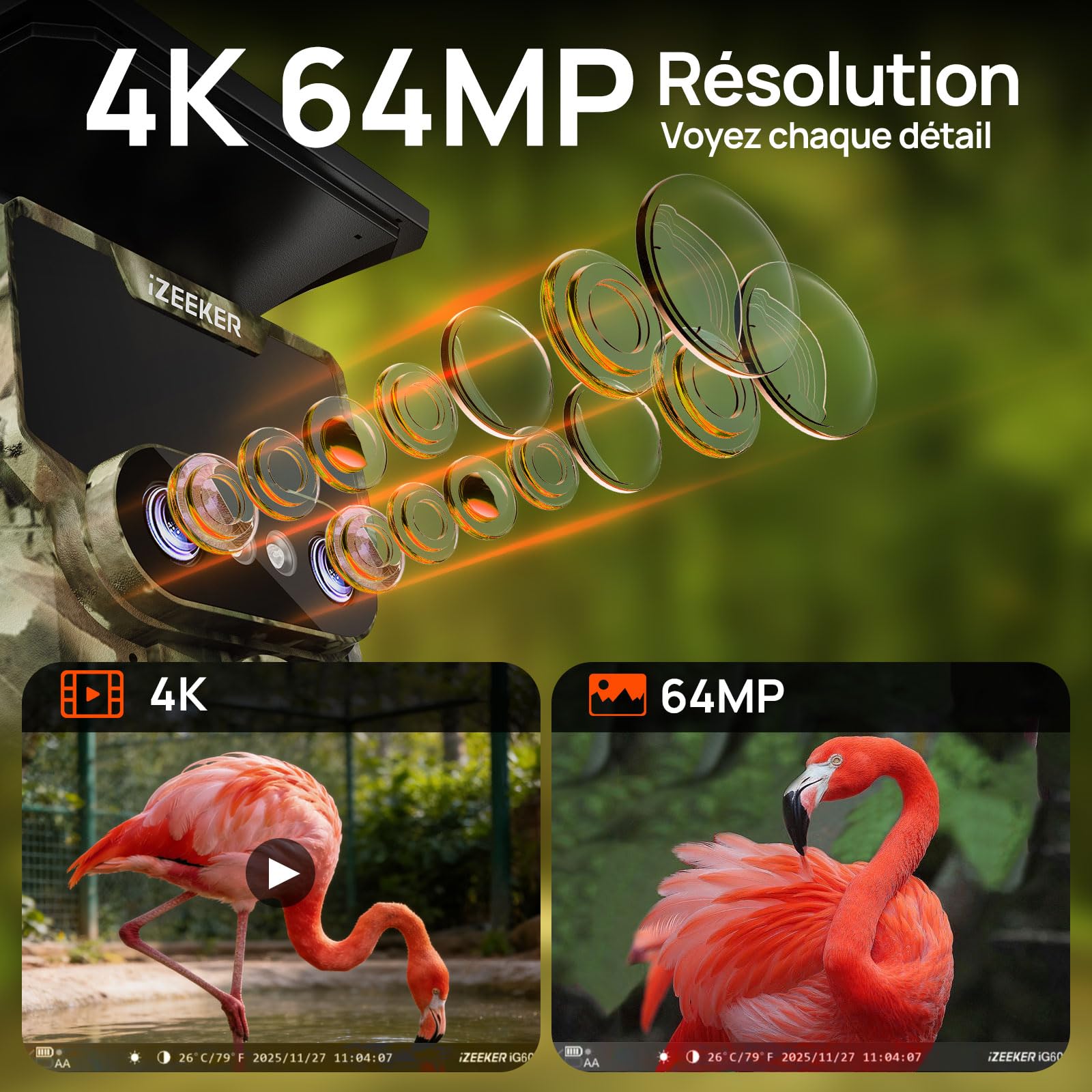 iZEEKER iG600 Caméra de Chasse WiFi Bluetooth 64MP 4K, Déclenchement 0,1s