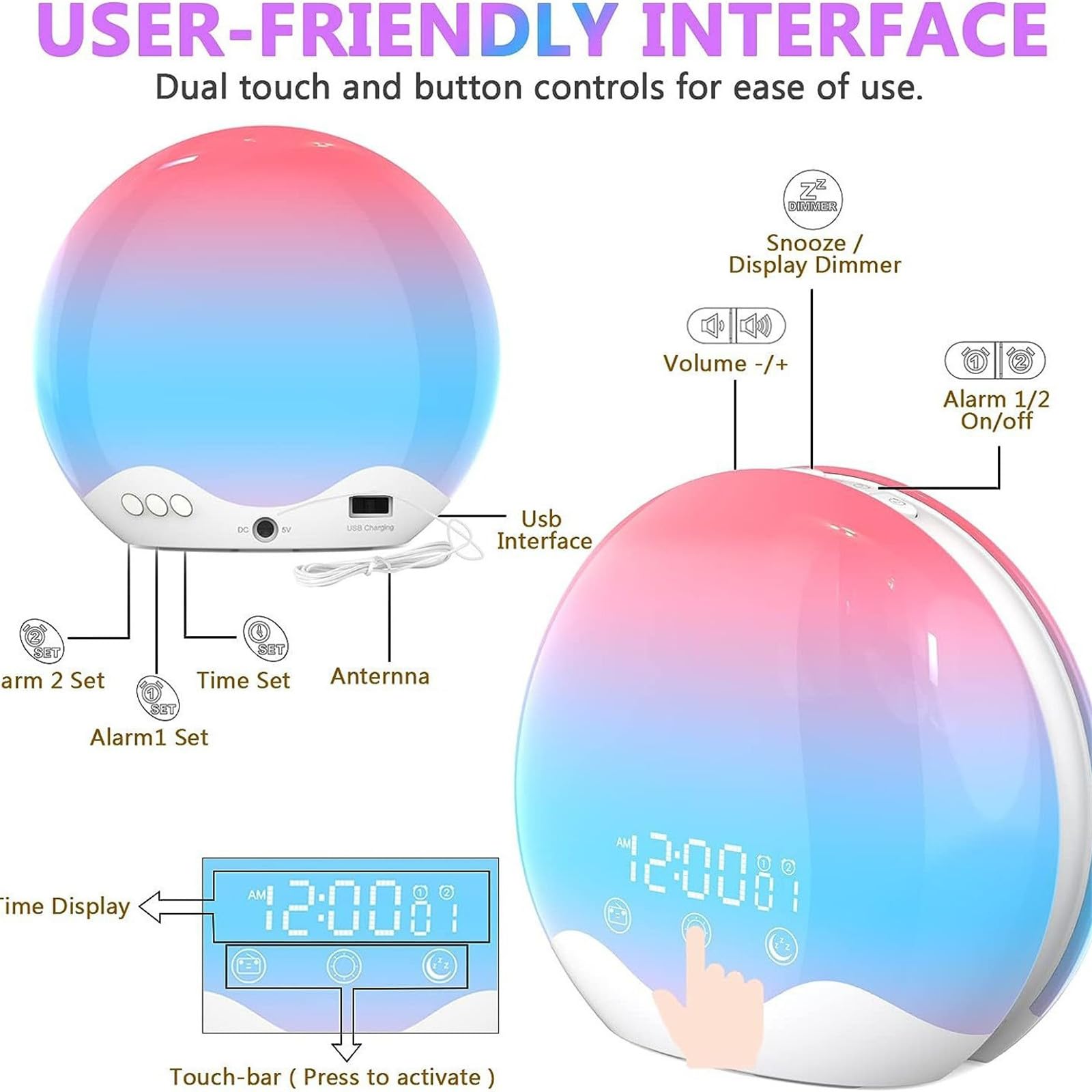 Despertador Digital LED con función de Amanecer, Control táctil, 6 Sonidos Naturales y 12 Efectos de iluminación degradados, lámpara de Noche
