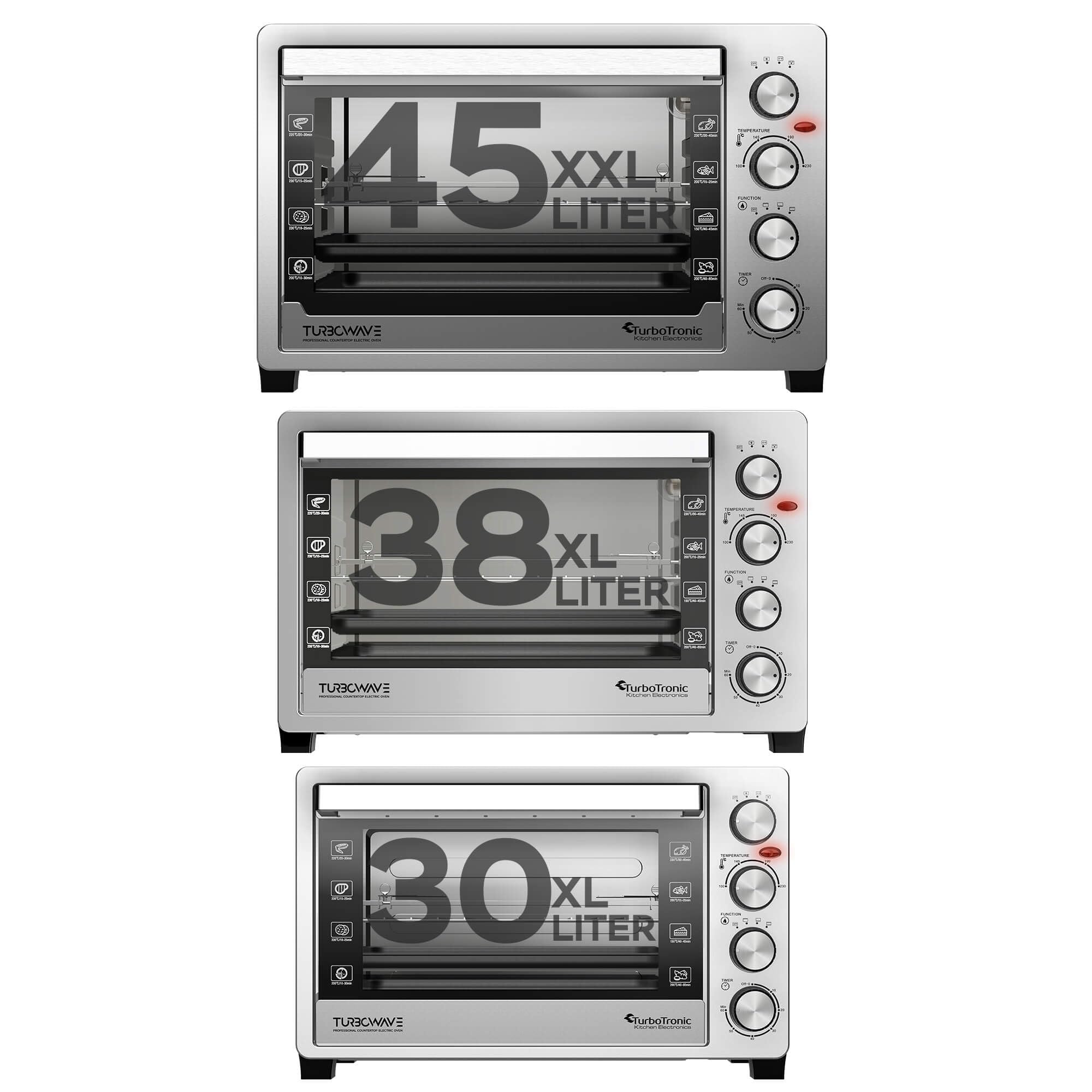 TurboTronic Elektrobacköfen mit Umluft, Grill & Drehspieß | 30 L, 38 L & 45 L Edelstahl-Tischbacköfen mit Timer & Doppelglastür für Pizza, Braten, Aufläufe (45L)