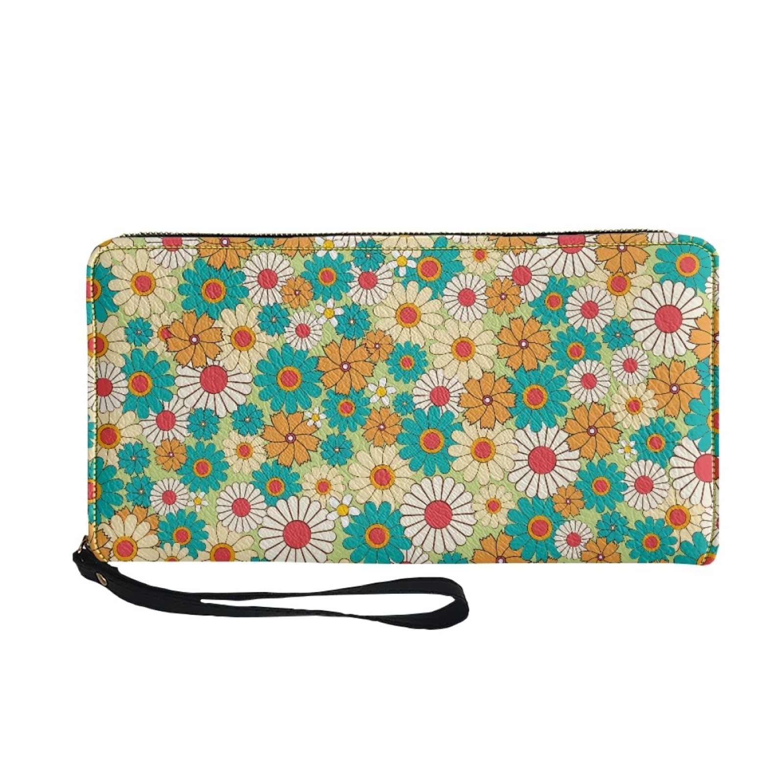 Portafoglio Donna Portamonete Porta Carte di Credito Donna Uomo Wallet | Portafogli con Zip e Cinturino da Polso Leggero Durabile Portatile,Impermeabile Cuoio,Fiore Arancione Verde 11x20cm/2 Unità