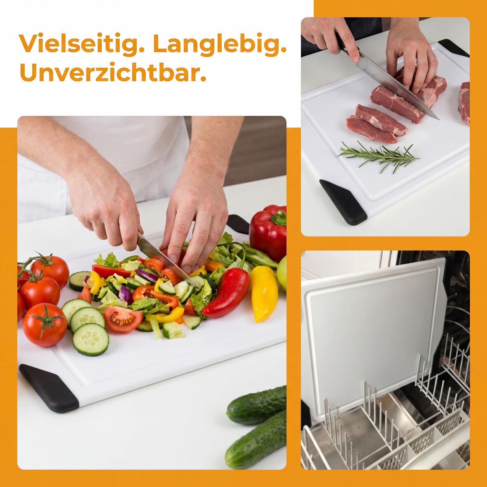Weißes Kunststoff-Schneidebrett, Spülmaschinengeeignet & Porenfrei – Hygienisches Küchenbrett für Fleisch, Gemüse & Obst, Langlebig & Schnittfest