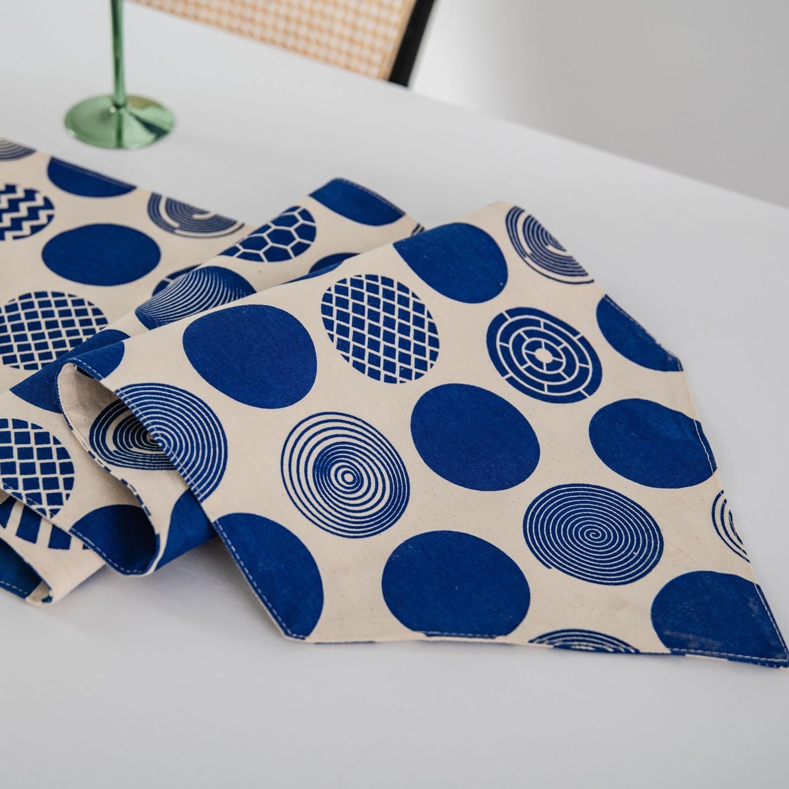 Runner da Tavolo Cotone Poliestere 30x220 cm, Runner da Tavola Moderno Lavabile Motivo Geometrico A Pois Esterno Interni Decorazioni per Tavolino da Compleanni Matrimoni, Beige Blu