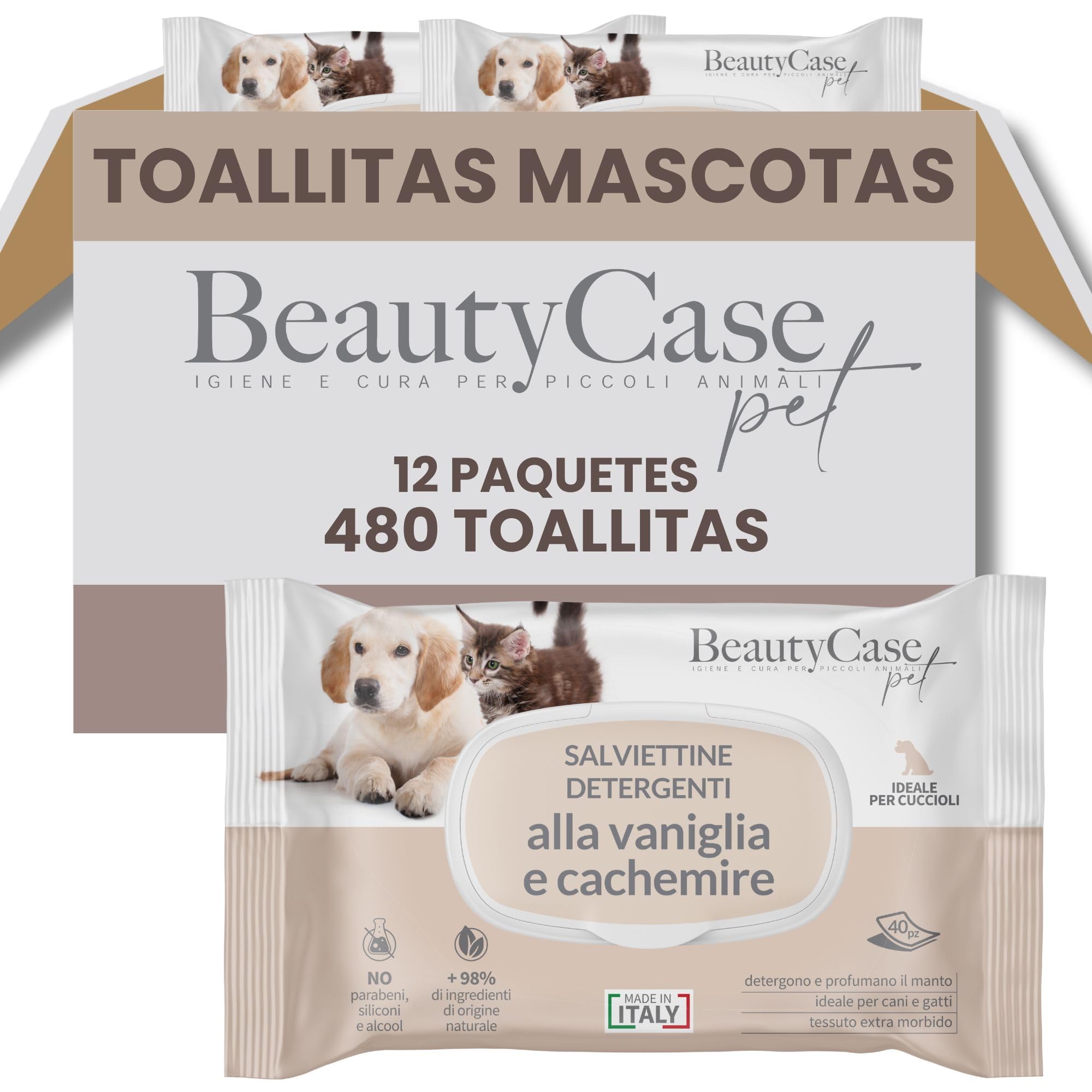 Beauty Case Toallitas para Cachorros 480 uds (12x40) - Toallitas para Perros y Gatos Extra Suaves, Hipoalergénicas, Desodorizantes y Sin Enjuague - Aroma Vainilla y Cachemir