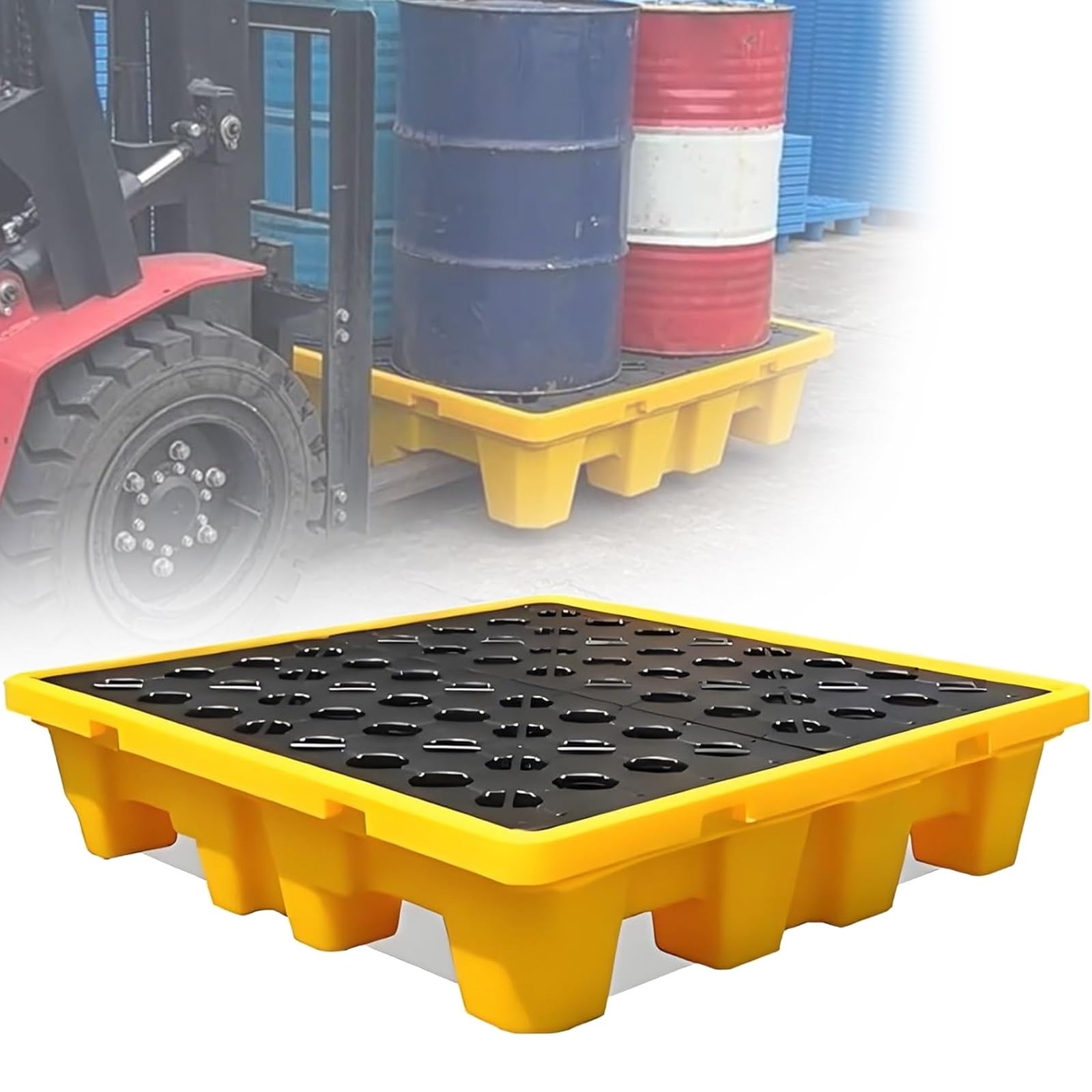 Vasca di contenimento Olio Anti-sversamento chimico con griglia rimovibile, in plastica antiperdita impilabile facile da pulire per laboratorio officina e industria(60 * 60 * 15cm)
