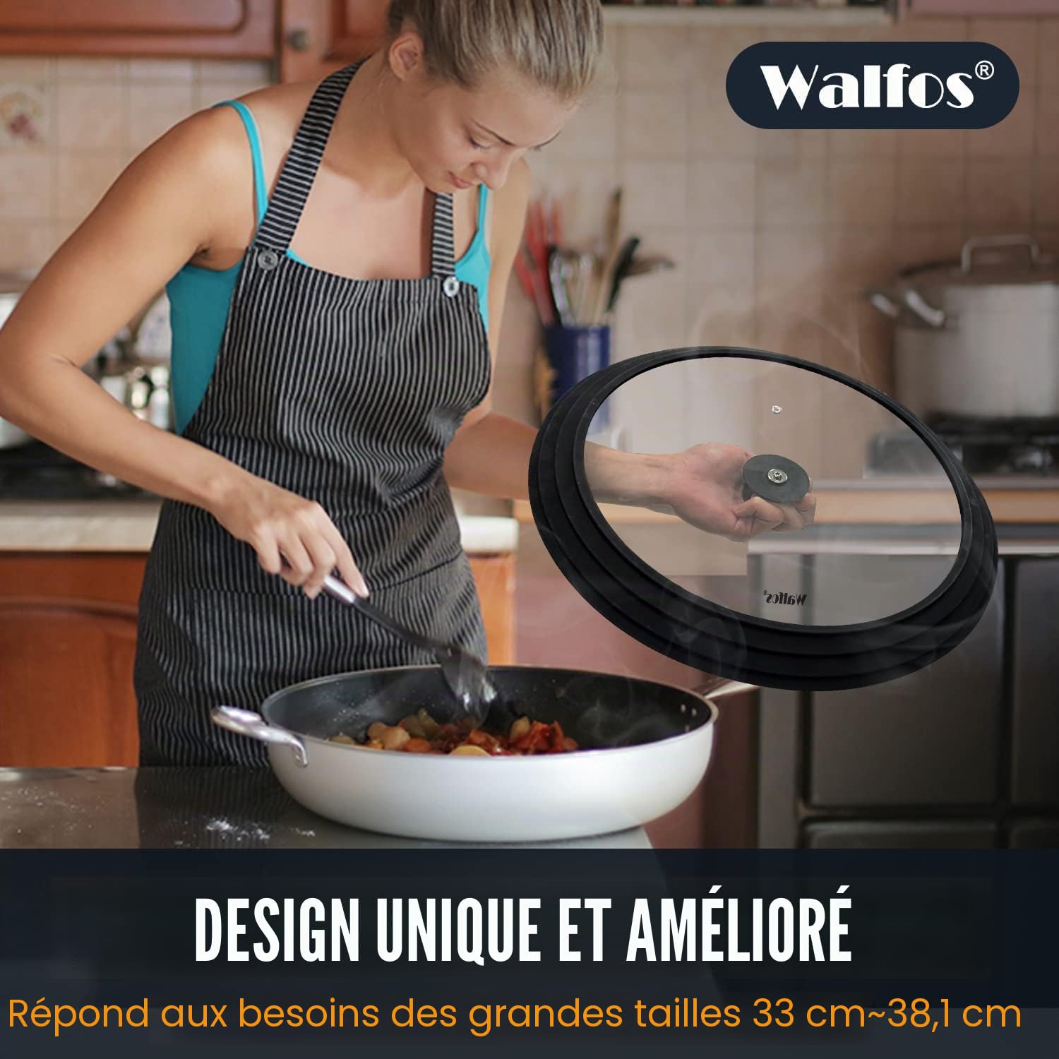 Walfos Couvercle universel pour casseroles, poêles et poêles – Convient aux ustensiles de cuisine de 33 cm, 36 cm et 38 cm de diamètre – Couvercle en verre avec bord en silicone résistant à la chaleur