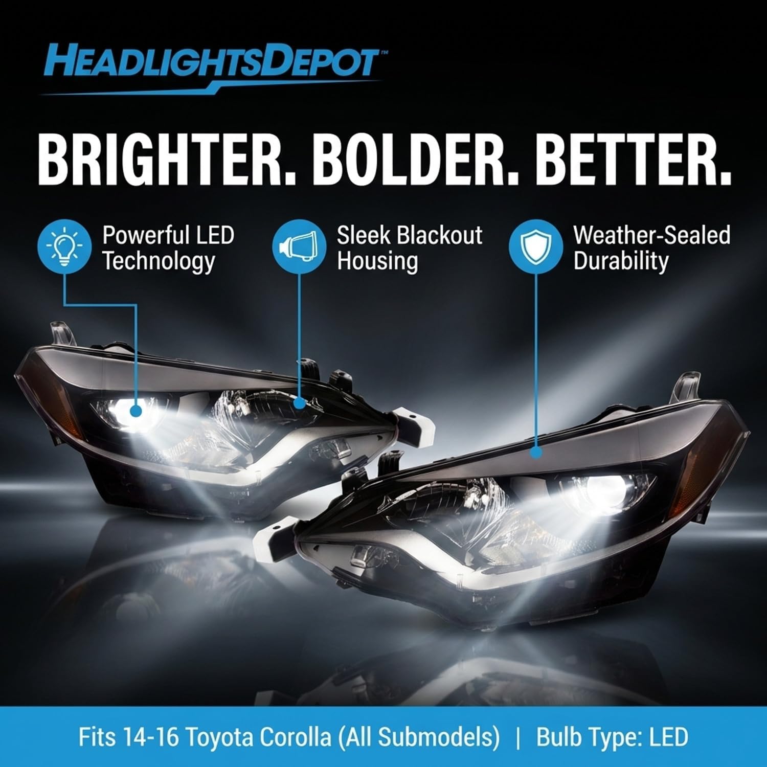 PERDE Chrome Housing LED w/Performance Lens Headlights Compatible with Toyota Corolla 2014-2016 Includes Left Driver and Right Passenger Side Headlamps