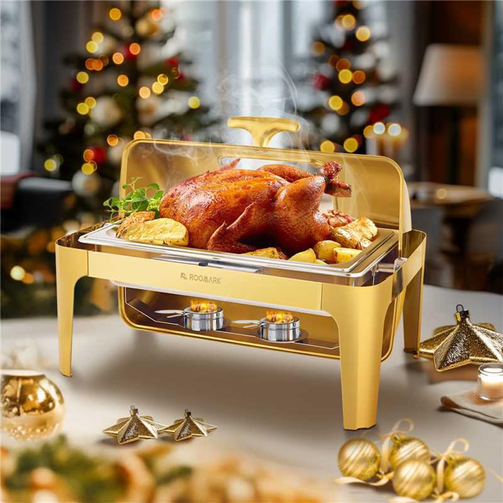 8,6L Roll Top Scaldavivande Catering Buffet Set,SS201 Rettangolo scalda vivande Elettrico Professionale, Armadio riscaldante per Alimenti per Catering, Buffet e Feste,Oro