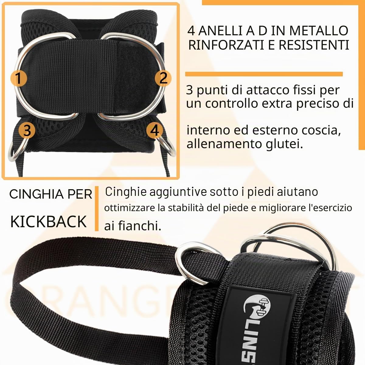 LINSTER 1 Paio Cavigliere Cavi Palestra, Cinghie per Caviglia, Cavigliera Palestra Comfort regolabile in neoprene e rinforzo 4 anelli a D, Cinturini alla Caviglia Attacco per Cavi da Palestra per Allenamento Glutei e Esercizi Gambe