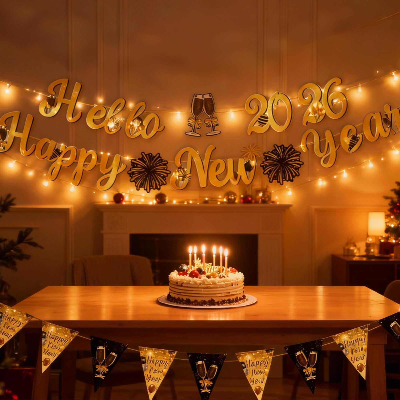 3 Pcs Happy New Year Party Decorations Happy New Year Pom Triangle Flag Banner Swirls Garland Hanging Bunting Black Banner With Gold Black Christmas Themed Supplies Decorations