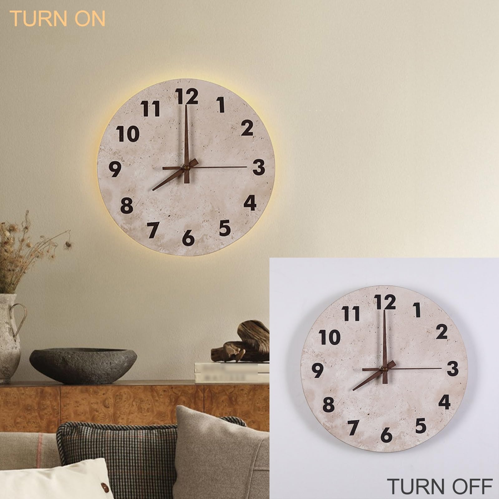Applique Murale Ronde en Pierre, Horloge en travertin Naturel, 30 cm (12 Pouces) avec rétroéclairage LED et Aiguilles silencieuses en Noyer, Horloge décorative pour la Maison ou Le