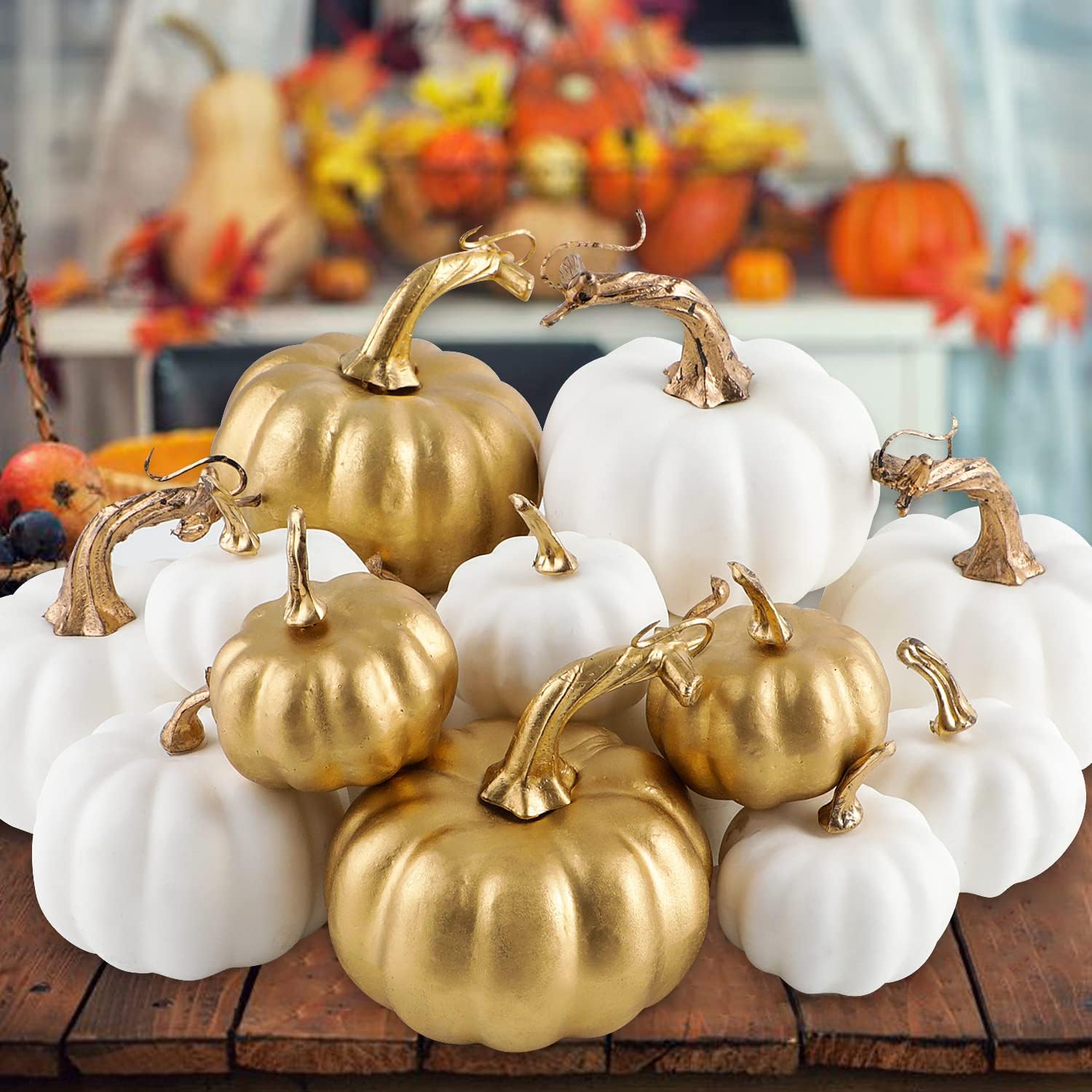 Benjia 16pcs Pumpkin Autumn Decorations, Decorative Large Small Outdoor White and Gold Foam Plastic Fake Faux Artificial Pumpkins for Halloween Fall Harvest Festival Home Table Decor