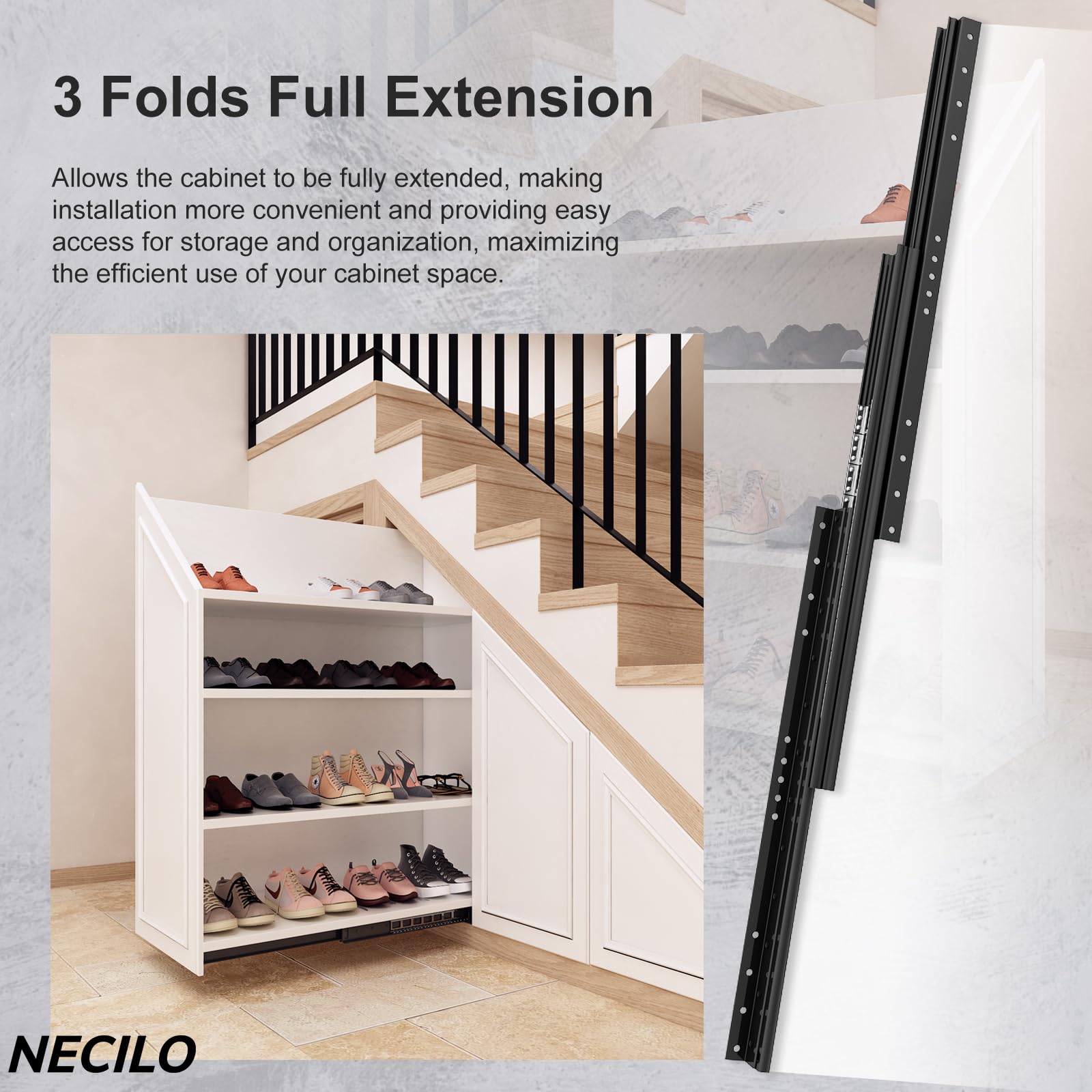 NECILO Guías para Cajón de Escalera de Carga Pesada 600 mm, Extensión Total, con Rodamientos de Bolas, para Cajones Bajo Escalera y Gabinetes Base, Montaje Inferior Oculto, 1 Par