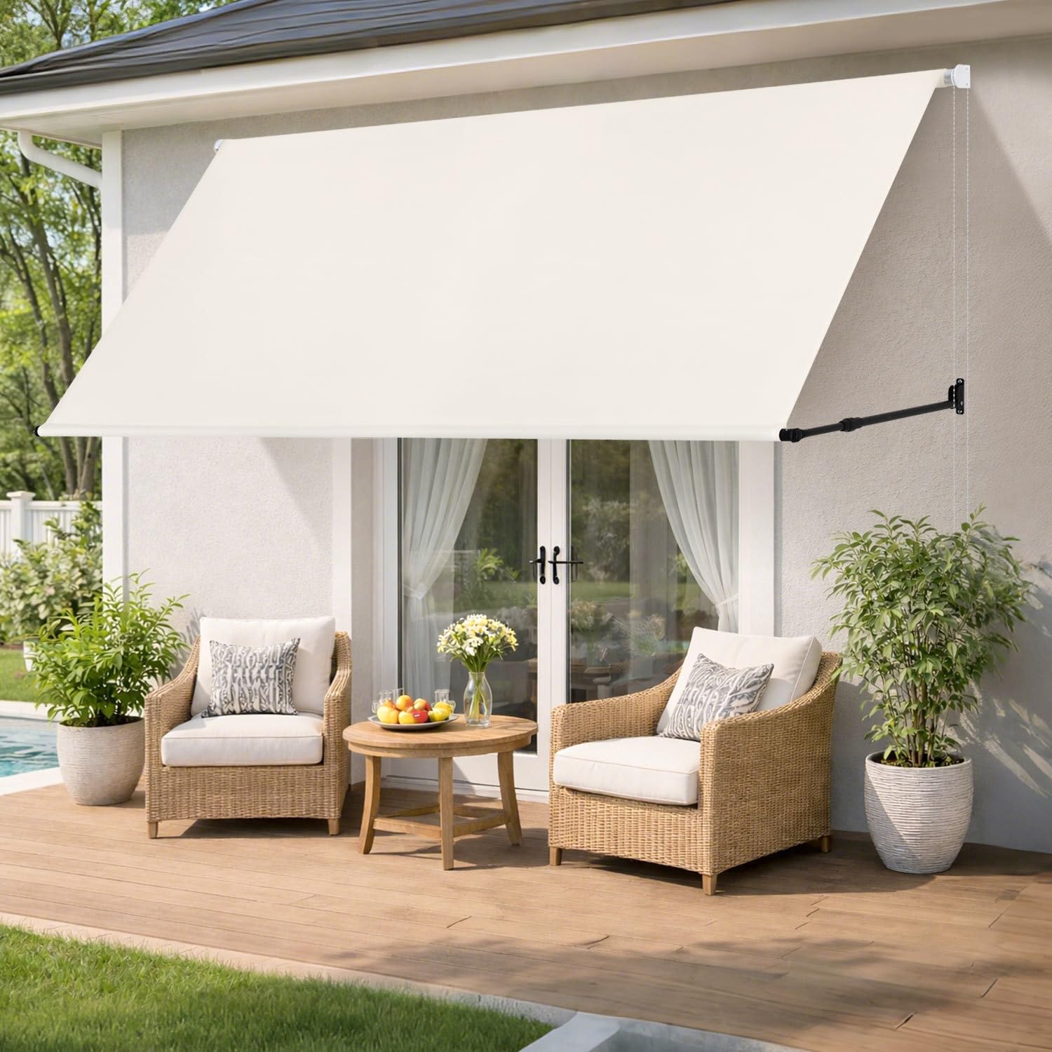 Markiza z ramieniem spadowym, zwijana, 300 x 150 cm, ramię podporowe 70-120 cm, regulowana, 2 m łańcucha perełkowego, montaż na ścianie, ochrona przed słońcem i wiatrem, na balkon, taras, do