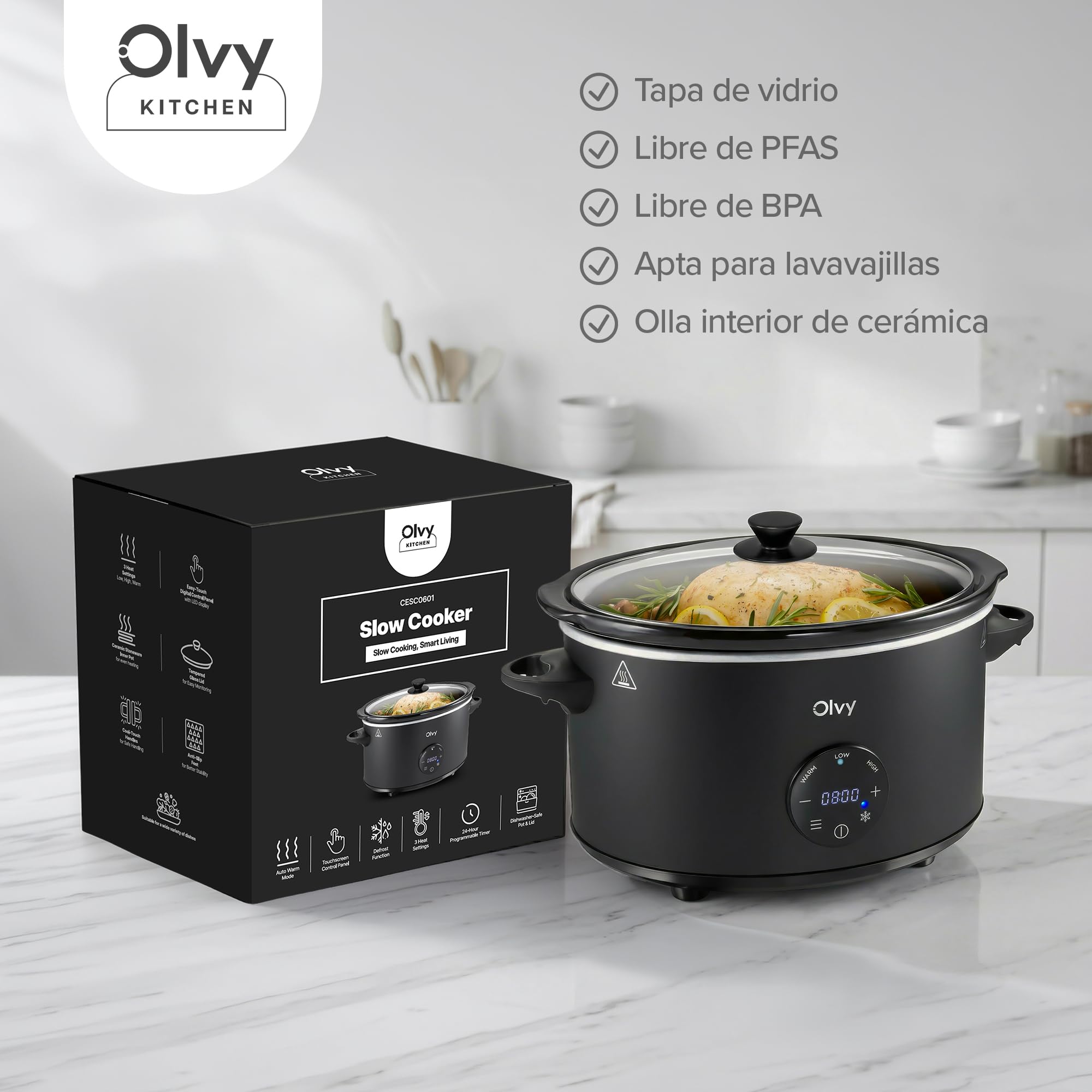 Olvy Slow Cooker 6L Digital Cocina Lenta Temporizador 24H 3 Niveles