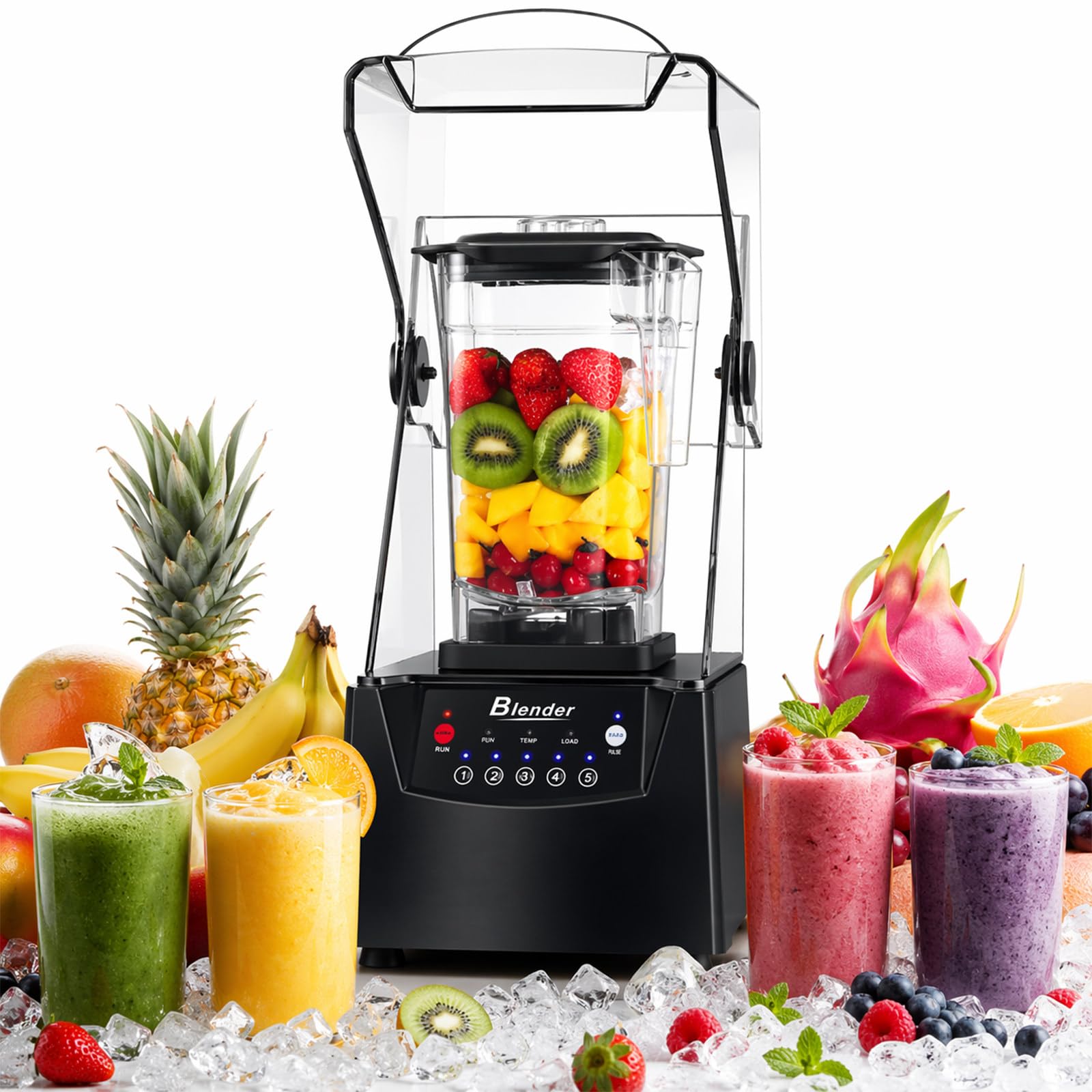 Kommerzieller Mixer, 2200W Smoothie-Maker mit Lärmschutzschild und 68oz-Krug, Ice-Crush-Pro mit 6 Klingen aus Edelstahl für Restaurants, Shakes und Küchen