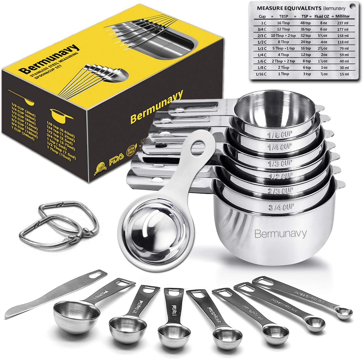 Measuring Cups and Spoons Set of 17 in 18/8 Stainless Steel:7 Measuring Cups and 7 Measuring Spoons,Convenient Leveler,Egg Separator,Magnetic Measurement Conversion Chart